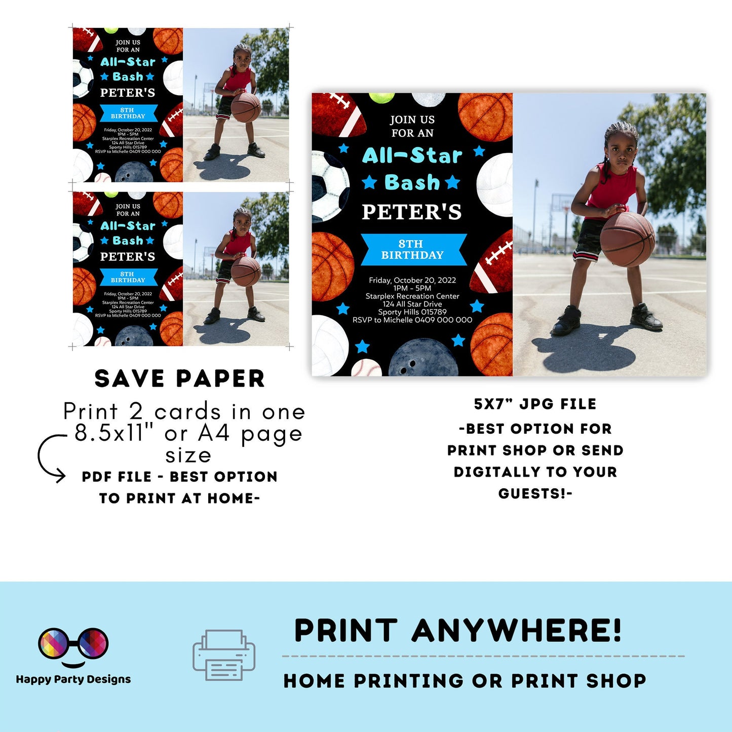 Editable Sports Birthday Invitation | Sports photo Invitation | Sports party Invitation | All Star Party Invite Instant Download #K141