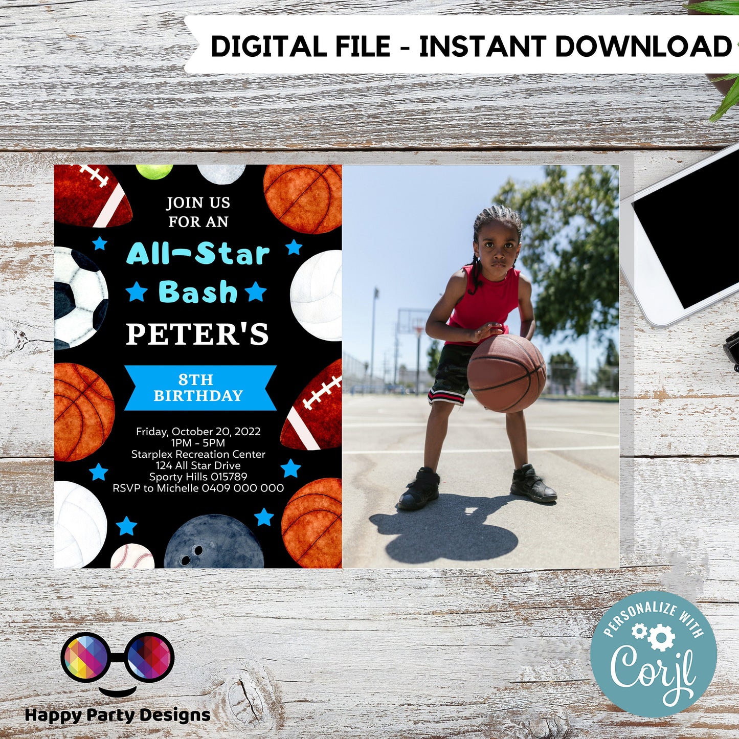 Editable Sports Birthday Invitation | Sports photo Invitation | Sports party Invitation | All Star Party Invite Instant Download #K141