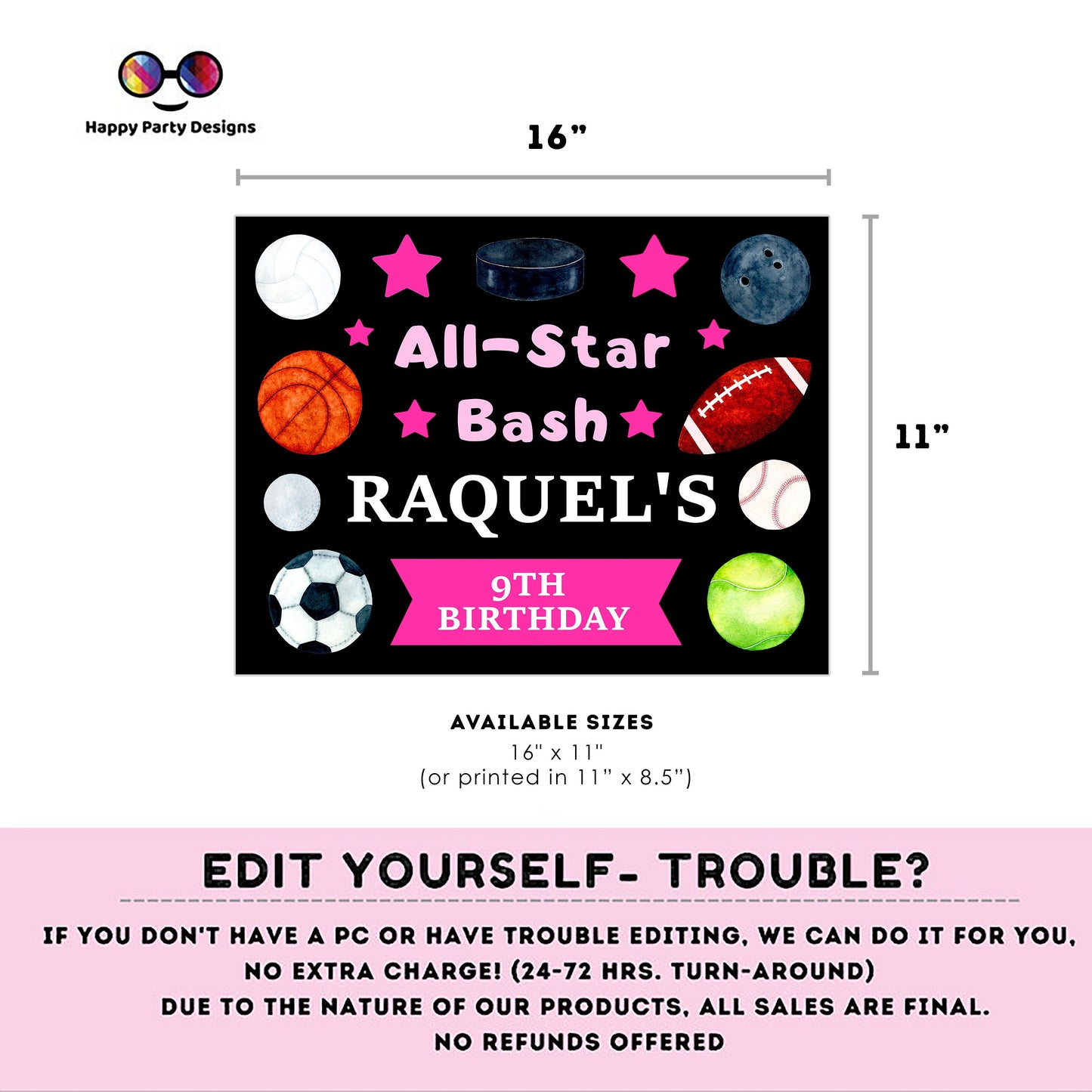 Editable Sports Birthday Placemat | Sports Party | Sports Placemat | Editable Instant Download | All Star Party placemat Edit Online #K140