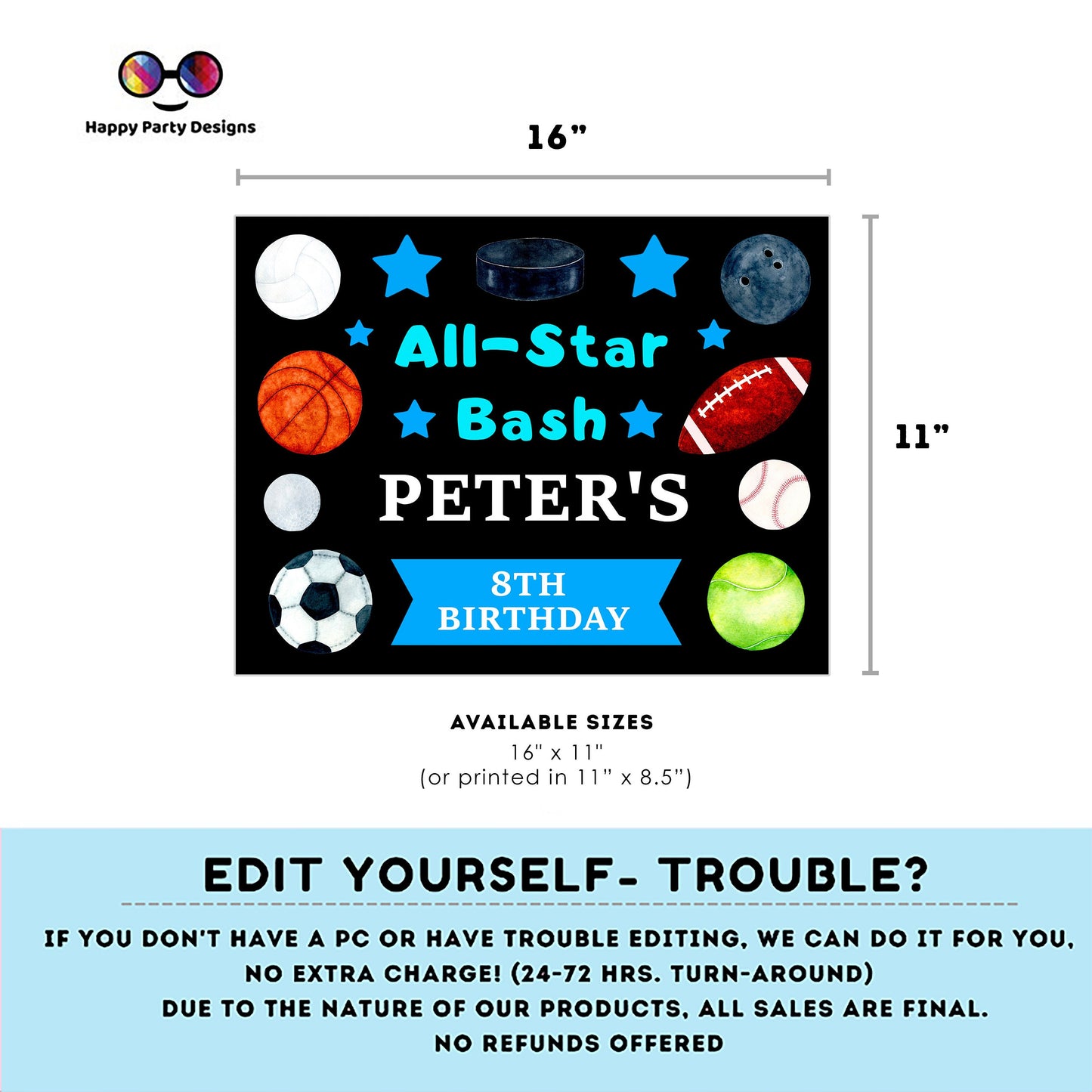 Editable Sports Birthday Placemat | Sports Party | Sports Placemat | Editable Instant Download | All Star Party placemat Edit Online #K141