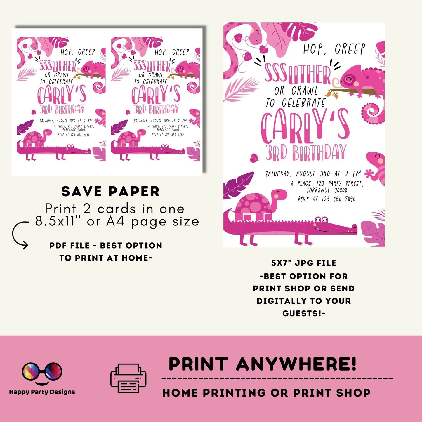 Editable Reptile Invitation | girl Reptile Birthday Invitation Printable | Snake Invitation | Lizard Invitation | Reptile Party Invite #K170