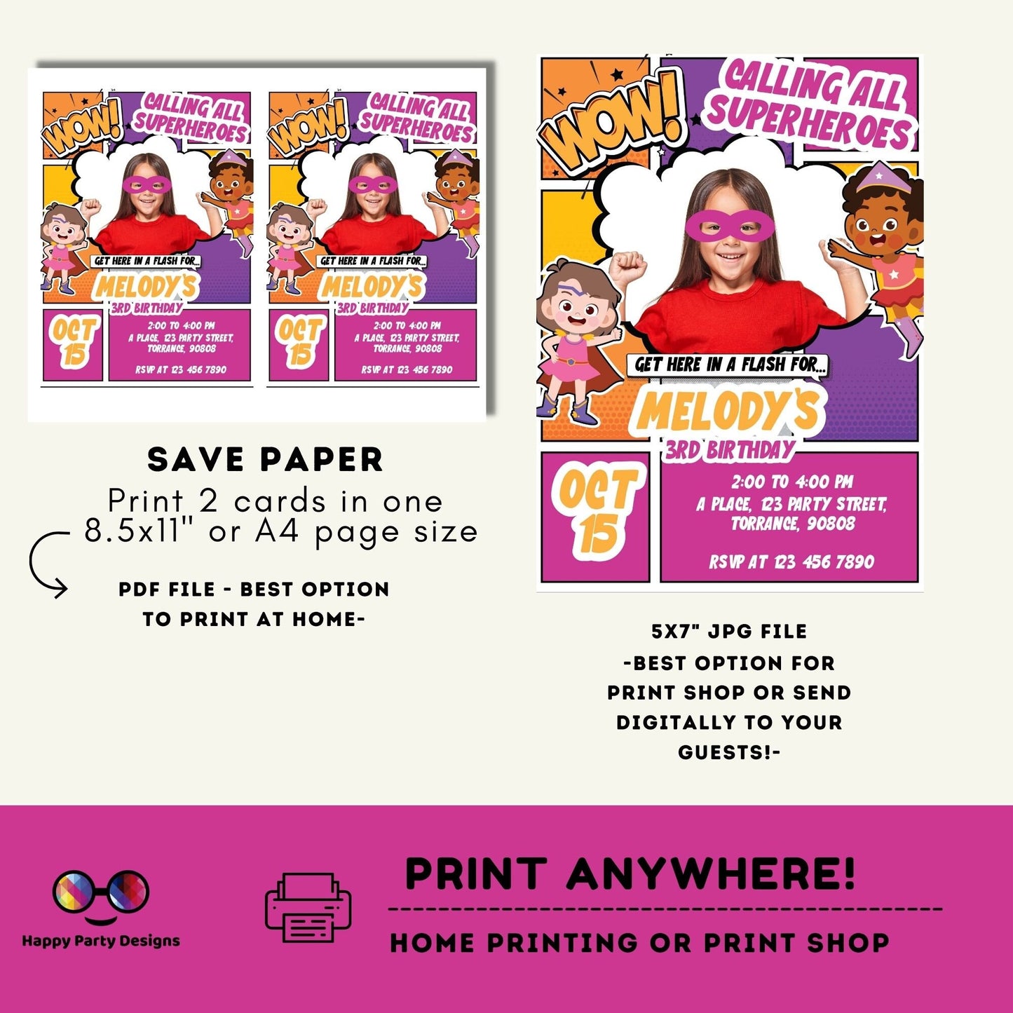 Girl Superhero Invitation with photo | girl Superhero Comic Birthday Invite | Birthday girl | girl Superhero Birthday Invitation #K171