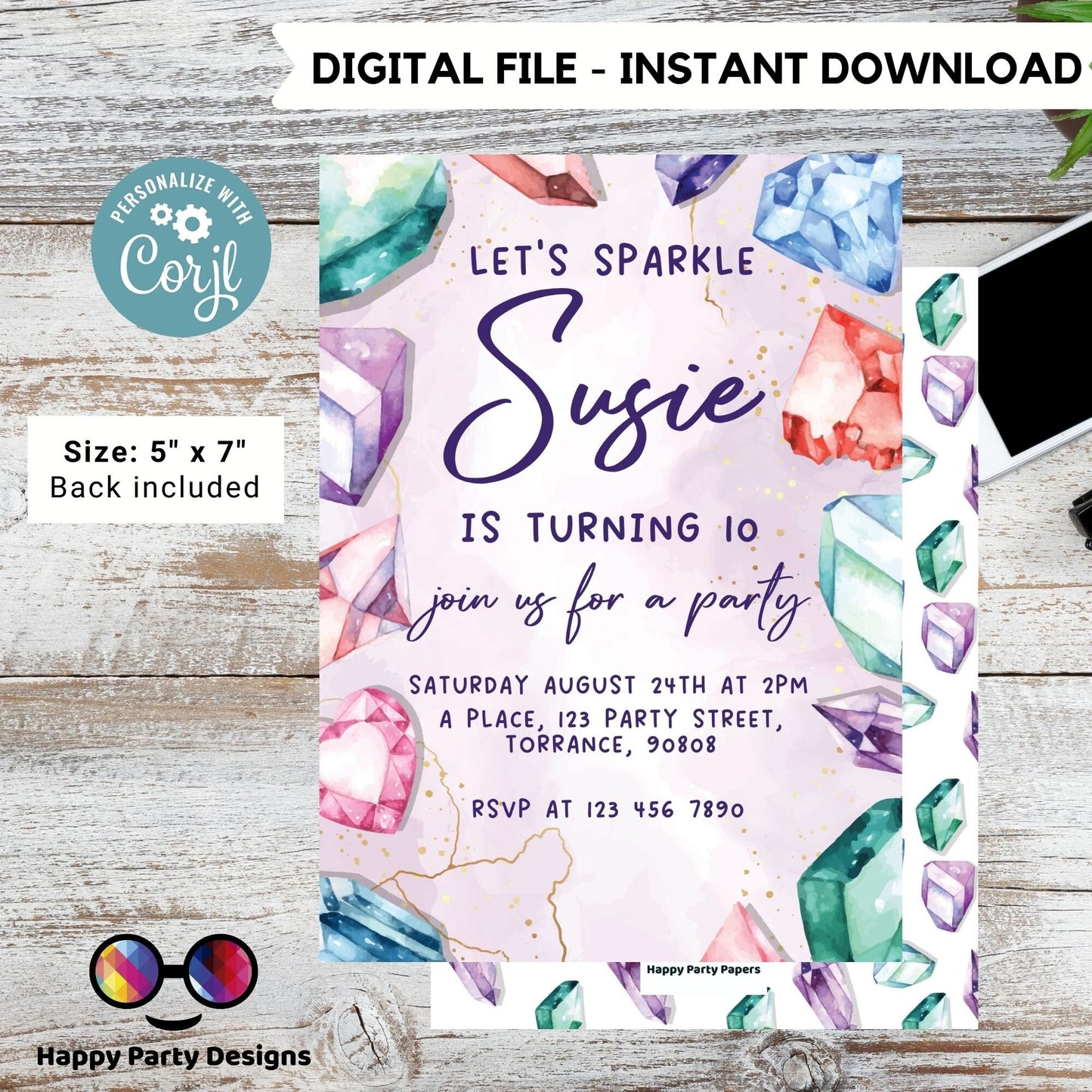 Editable let's rock Birthday Invitation Template | Pink Geode Birthday Invitation | Printable Birthday | She's a Gem party invite #K173