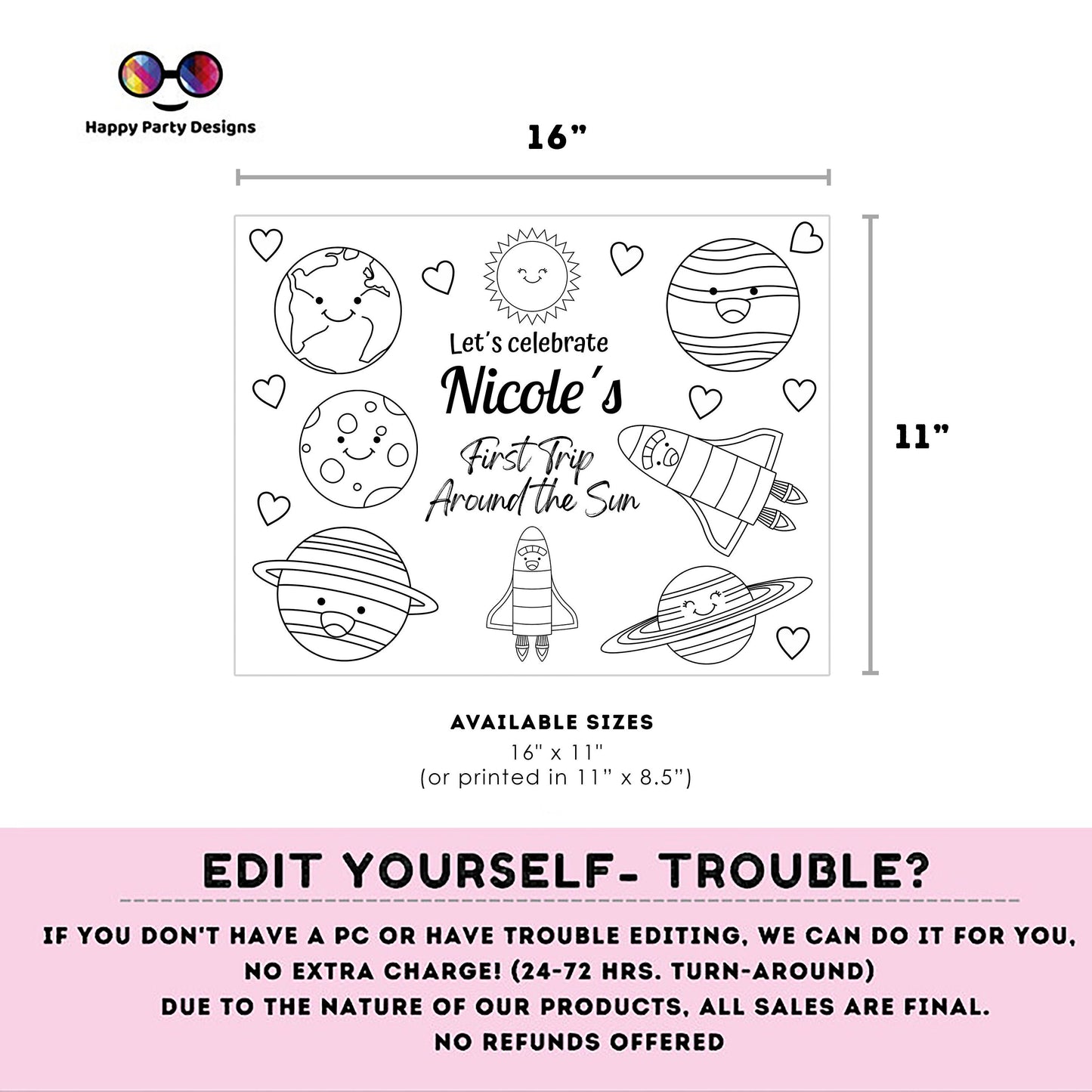 Editable first trip around the sun coloring page | Placemat coloring page | Any Age | planets | Outer Space party placemat #K57