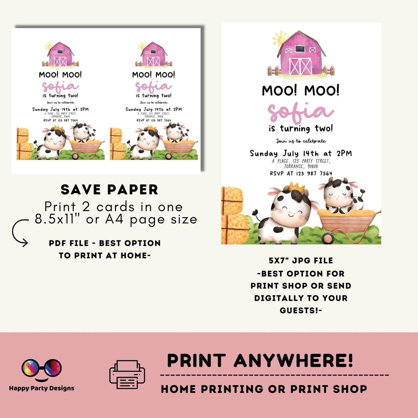 Moo Moo Editable Farm Birthday Invitation Girl | Farm Animals Barnyard | cow Party Download Printable Invitation Template | cowgirl #K147