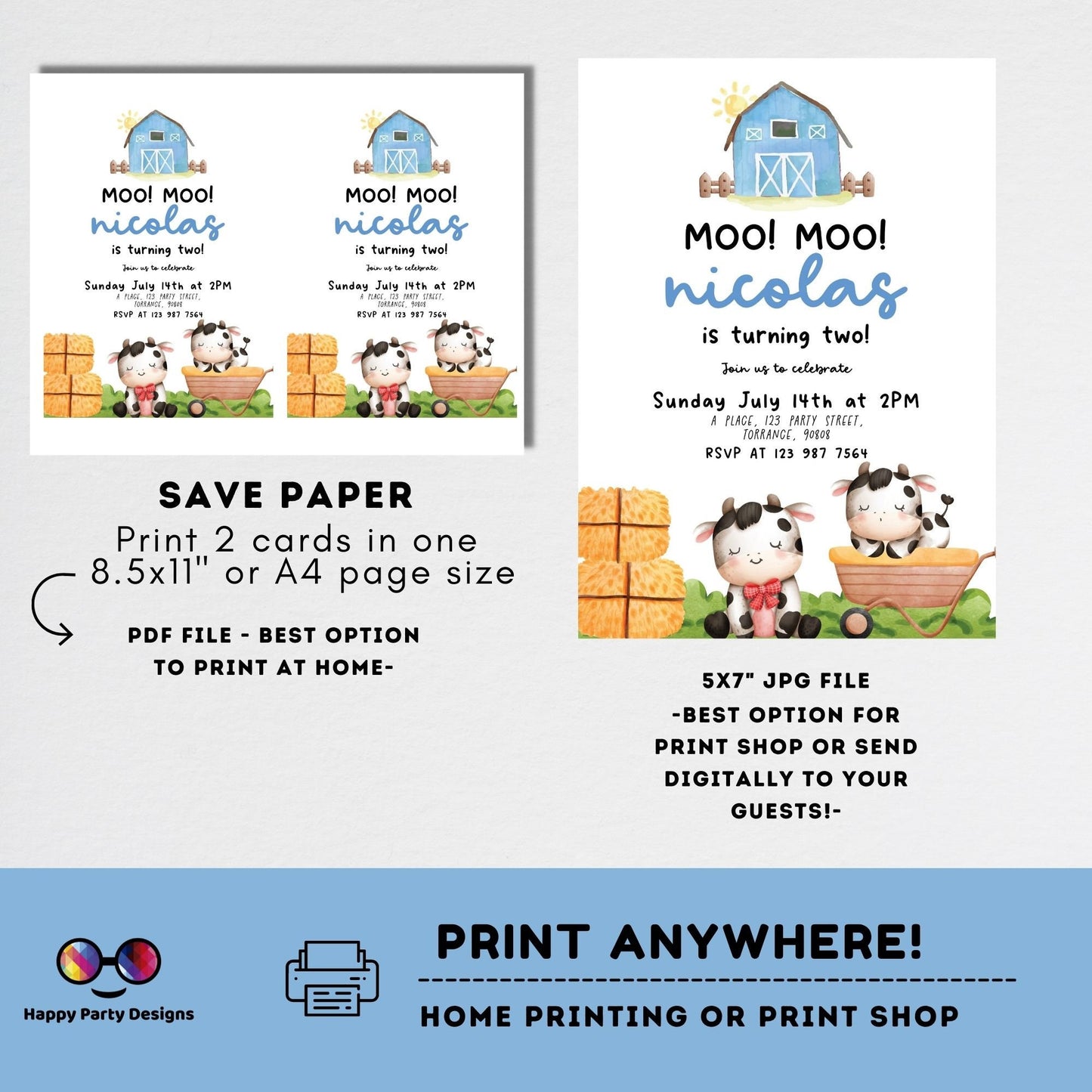 Moo Moo Editable Farm Birthday Invitation boy | Farm Animals Barnyard | cow Party Download Printable Invitation Template | cowboy #K147