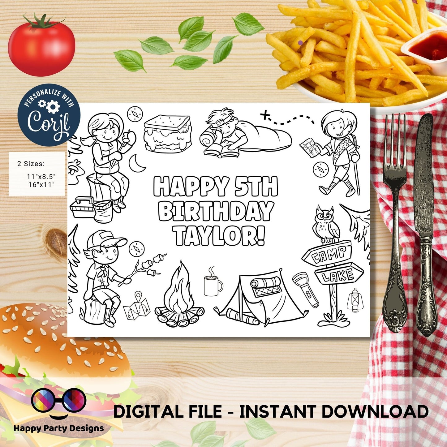 Editable Camping Birthday coloring page | Placemat coloring page | Any Age | Camping birthday Happy Camper Party Activity | bag filler #K95