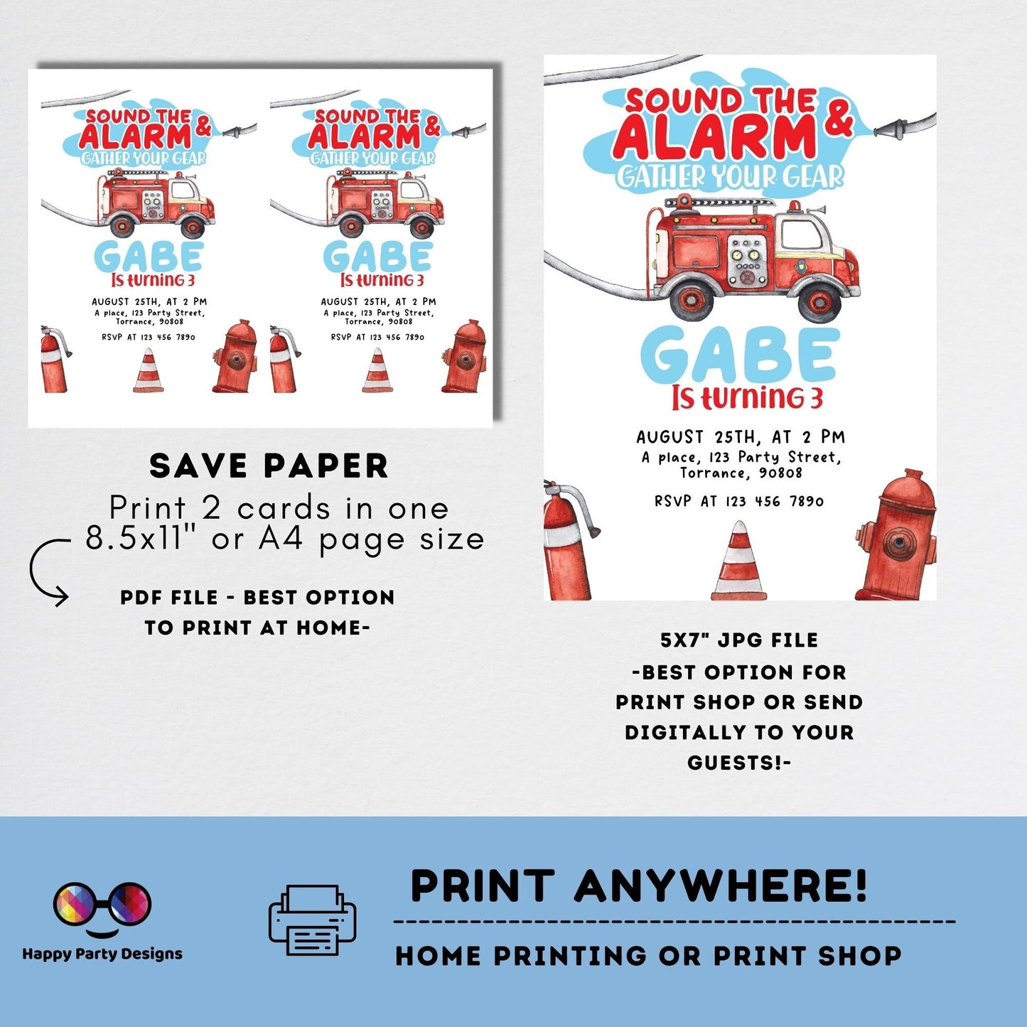 Firetruck Birthday Invitation Party Invite | trucks party | Boy First Firefighter | Monster Truck Fireman Party Invite | Fire Engine #K148
