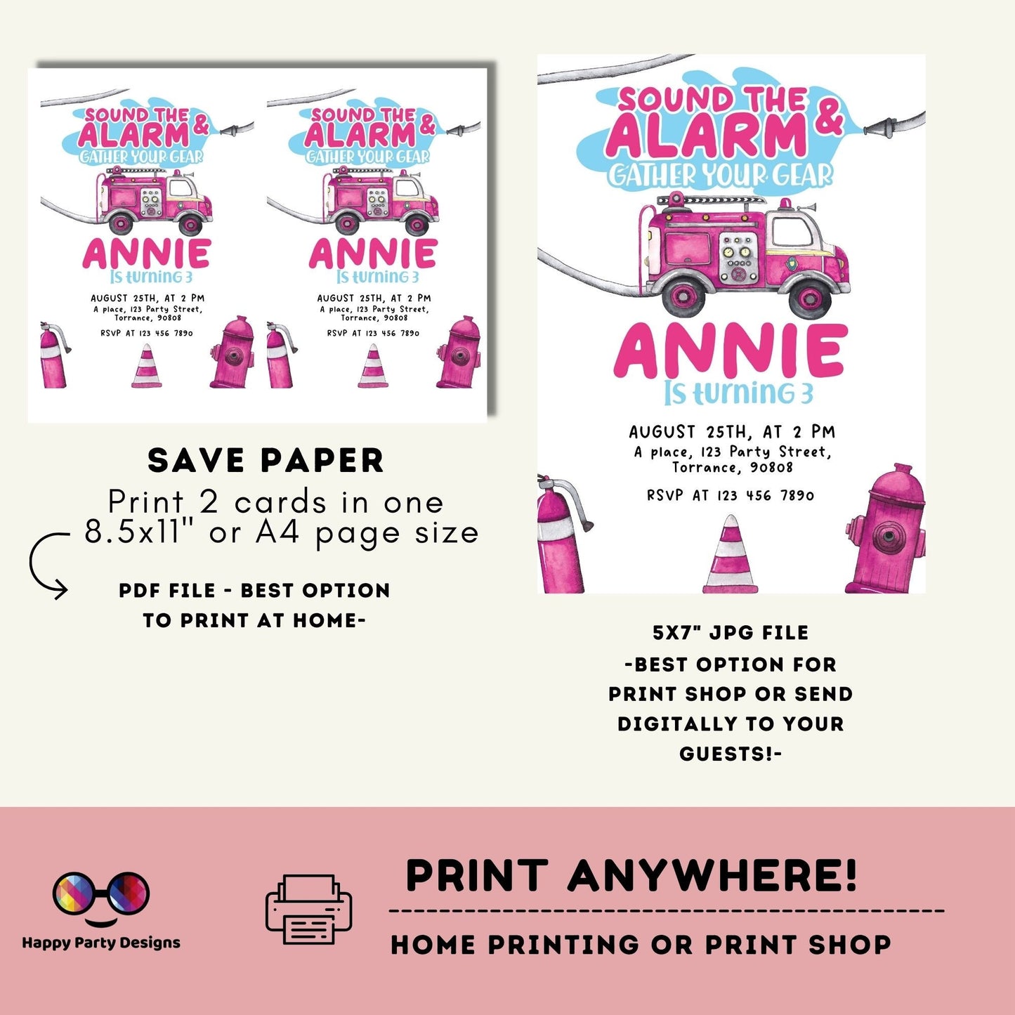 Firetruck Birthday Invitation Party Invite | trucks party | girl First Firefighter | Monster Truck Fireman Party Invite | Fire Engine #K148