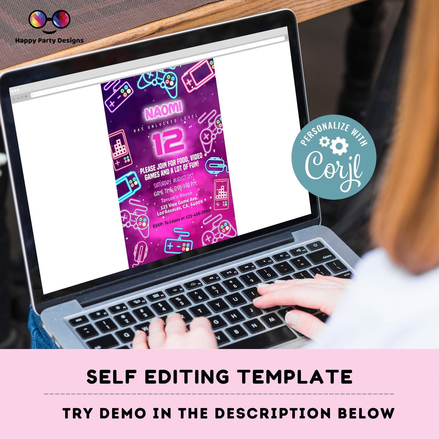 Editable videogame invitation | Digital neon video gamer printable invite | Birthday girl | neon Invitation | Personalize Online #K72