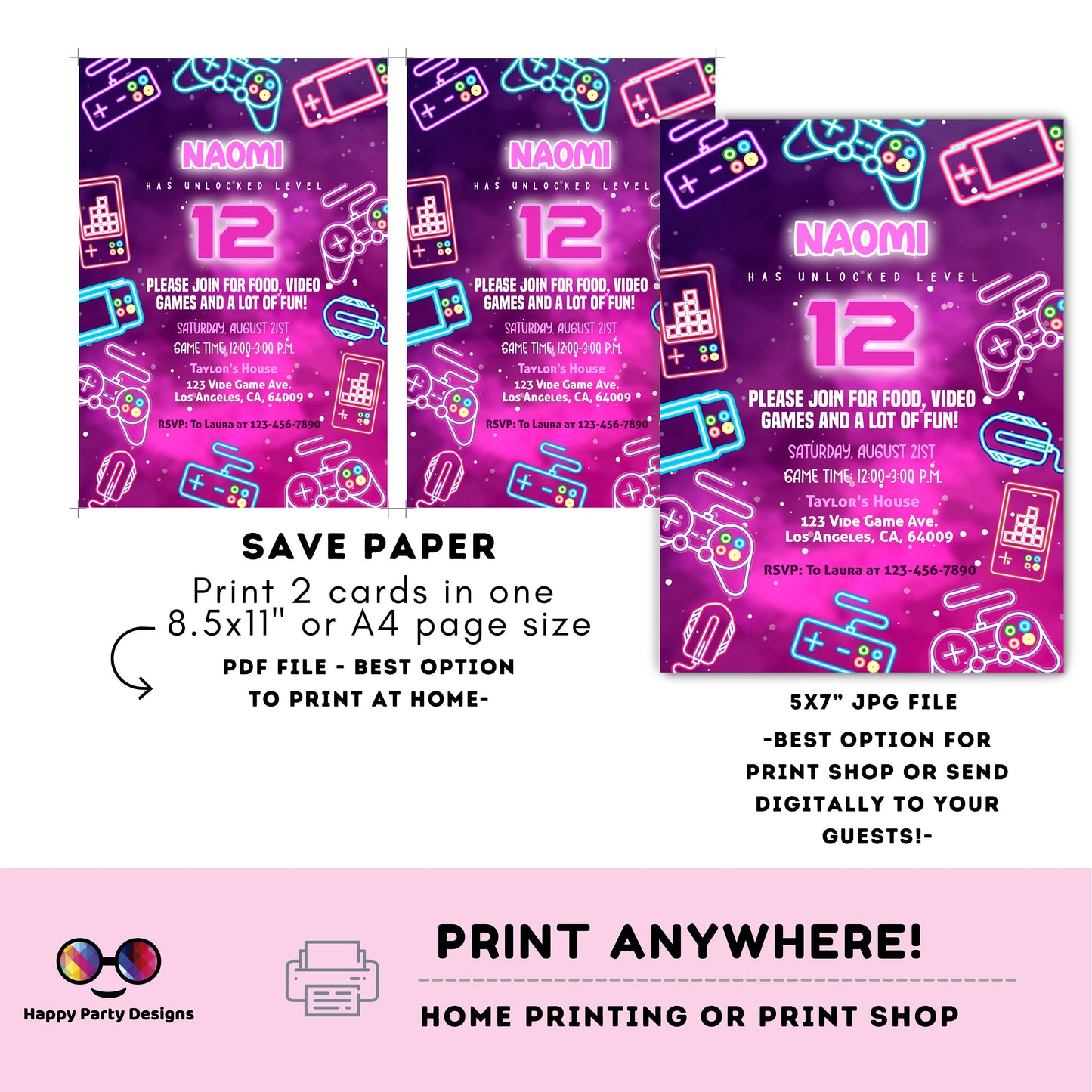 Editable videogame invitation | Digital neon video gamer printable invite | Birthday girl | neon Invitation | Personalize Online #K72