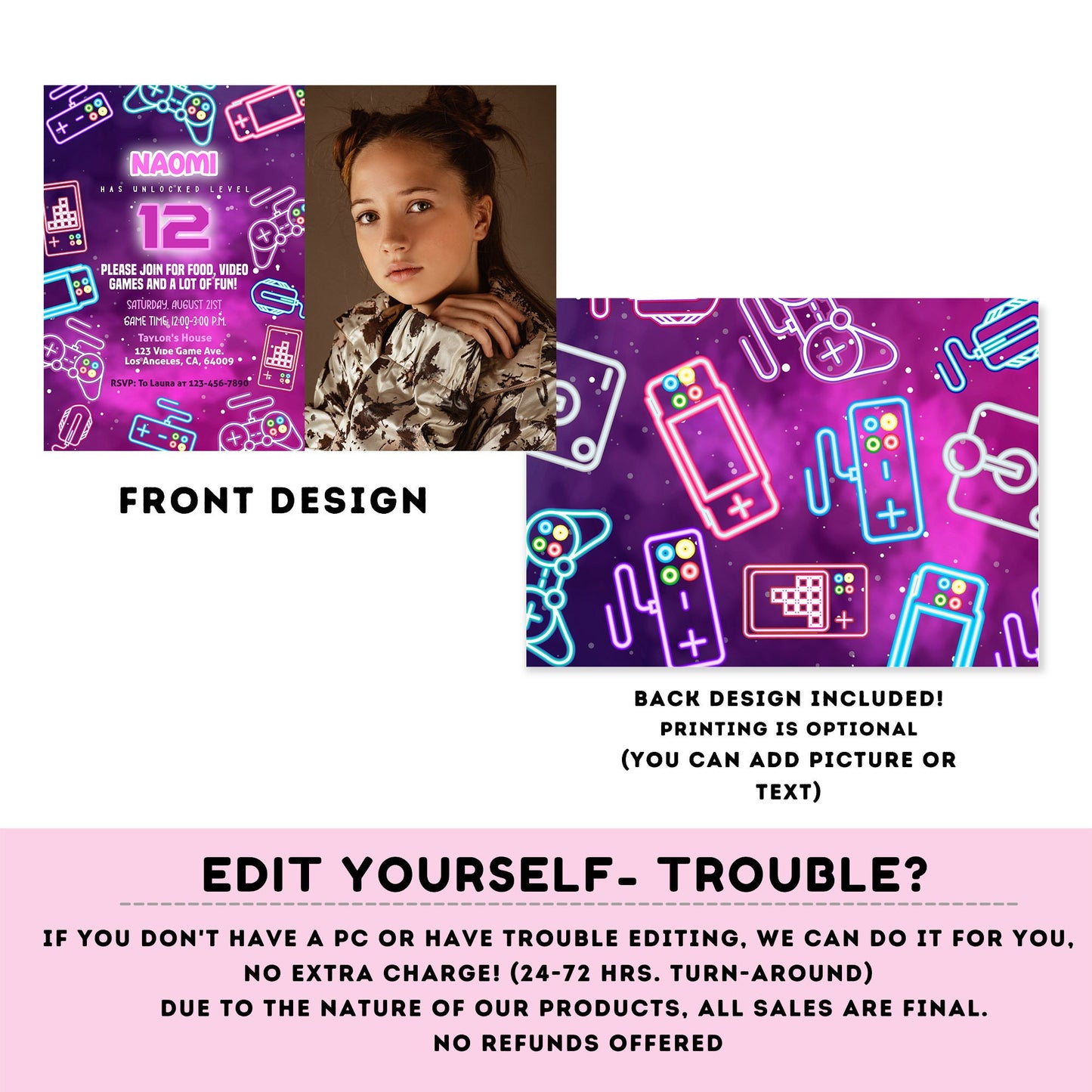 Editable videogame invitation with picture | Digital neon video gamer printable invite | Birthday girl | neon Invitation | girl gamer #K72