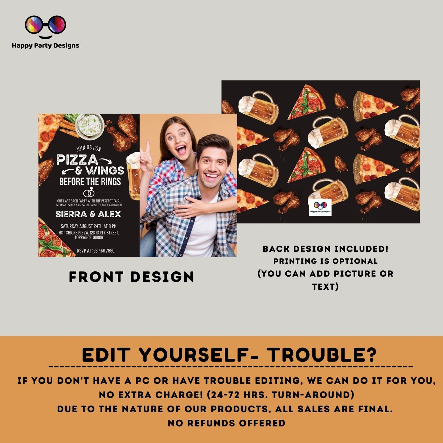 Pizza and wings before the ring Invitation with picture | Pizza Rehearsal Dinner Invitation | Co-ed party | Pizza Couples Shower | beer #W4