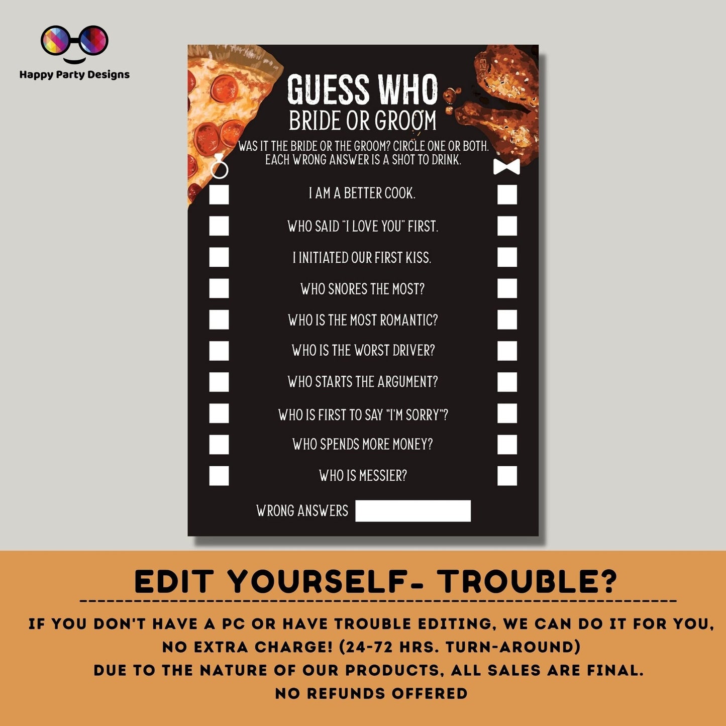 Editable pizza and chicken wings game | co-ed shower game | bridal shower| pizza shower | bridal shower game | bachelorette #W4