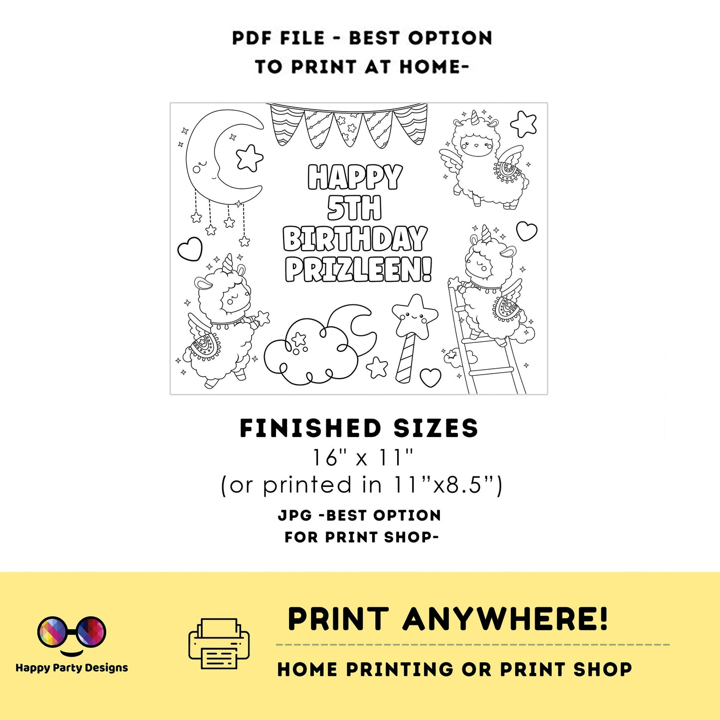Editable Llama Birthday coloring page | Placemat coloring page | Any Age | Llama birthday party activity | bag filler #K151