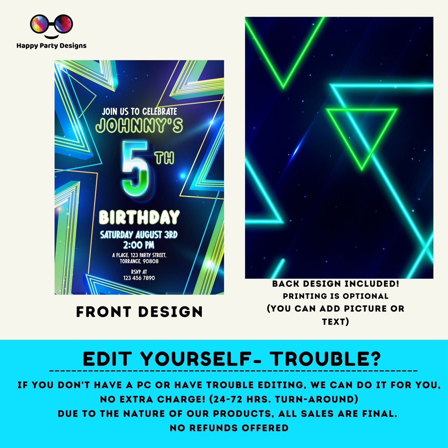 EDITABLE Boy 5th birthday invitation | Neon Glow in the dark Party | Birthday Boy | 5th Neon Green Blue Birthday #K185