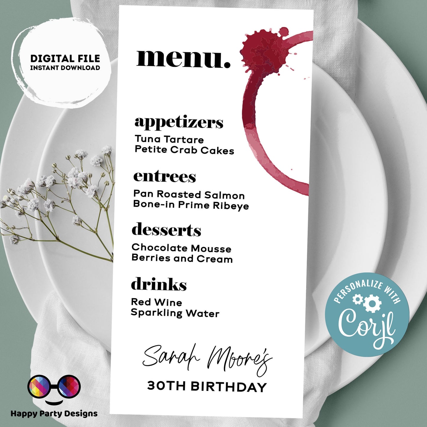 Wine Bar Menu | Hello 40 Red Wine Stain Minimalist Menu | wine birthday | Wedding Menu Template | Party supplies | red wine | digital #A10
