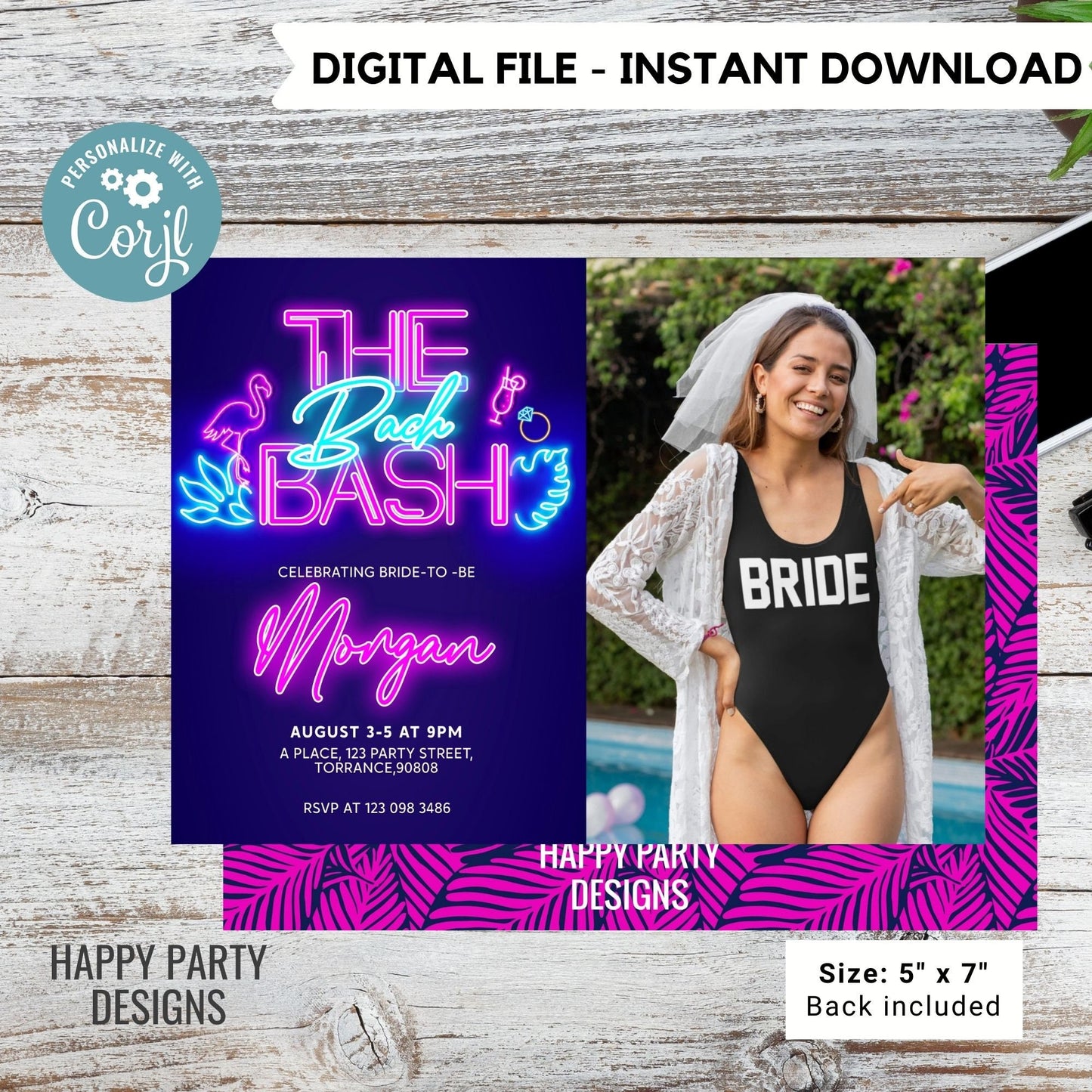Editable Tropical Neon Bachelorette Party Invitation with picture | Bridal Party Invitation| Bachelorette | Tropical neon Palm leaves #W5