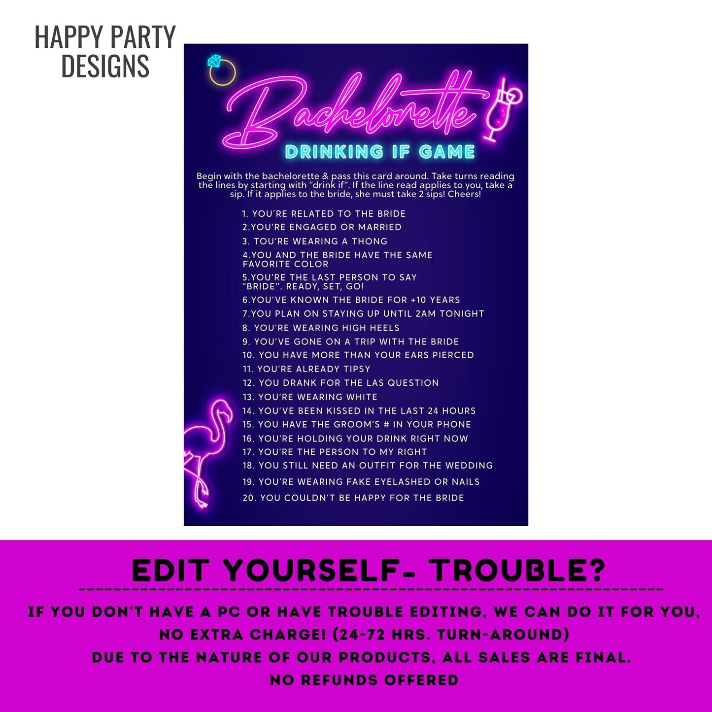 Editable Tropical Neon Bachelorette Party game | Bachelorette Drink If Game Template | Bachelorette game | Tropical neon Palm leaves #W5