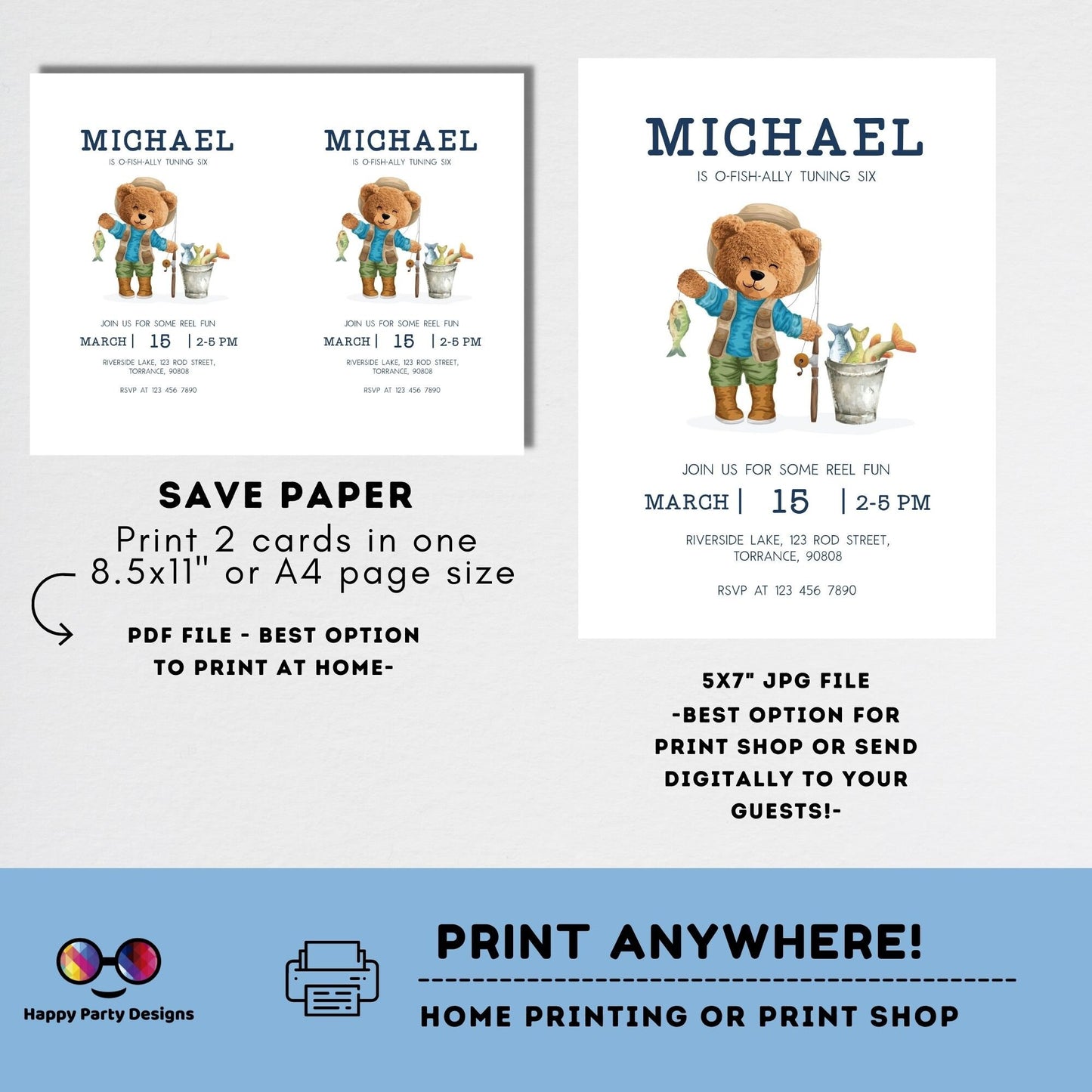 Fishing Birthday Invitation Template | Teddy bear | O-fish-ally Birthday Invitation | Fishing Party Party | Boy Birthday Gone Fishing #K152