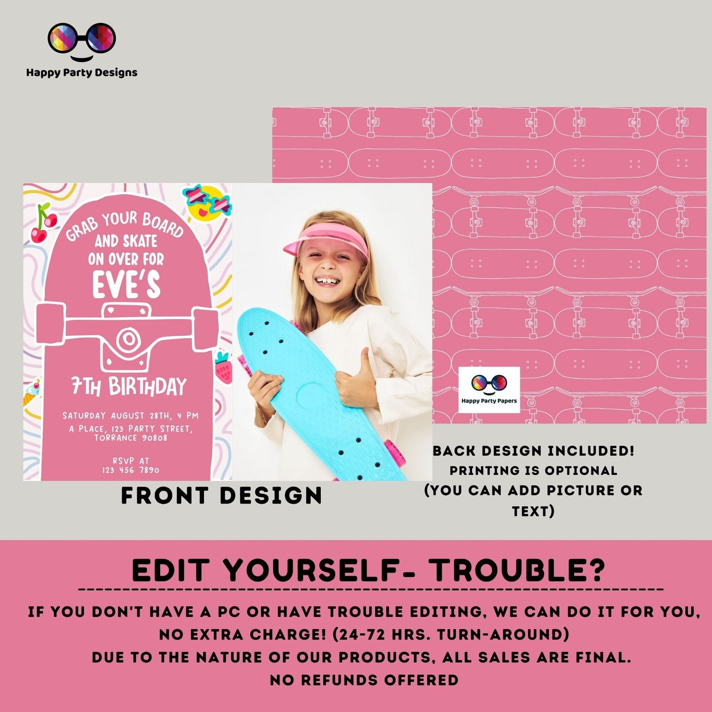 Editable roller skating invitation | skate on over invite | Digital let's skate party printable | Birthday girl | Personalize Online #K188