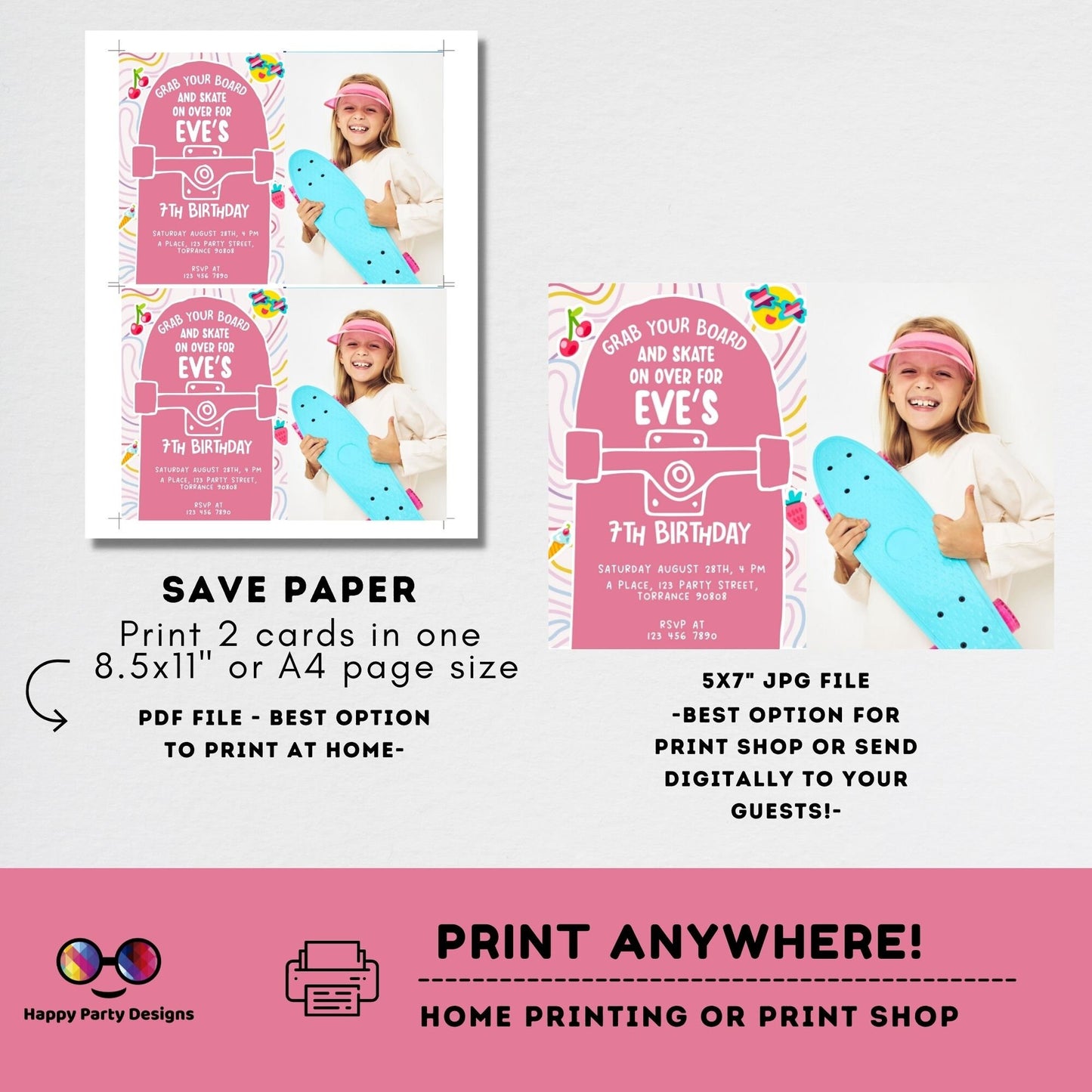 Editable roller skating invitation | skate on over invite | Digital let's skate party printable | Birthday girl | Personalize Online #K188