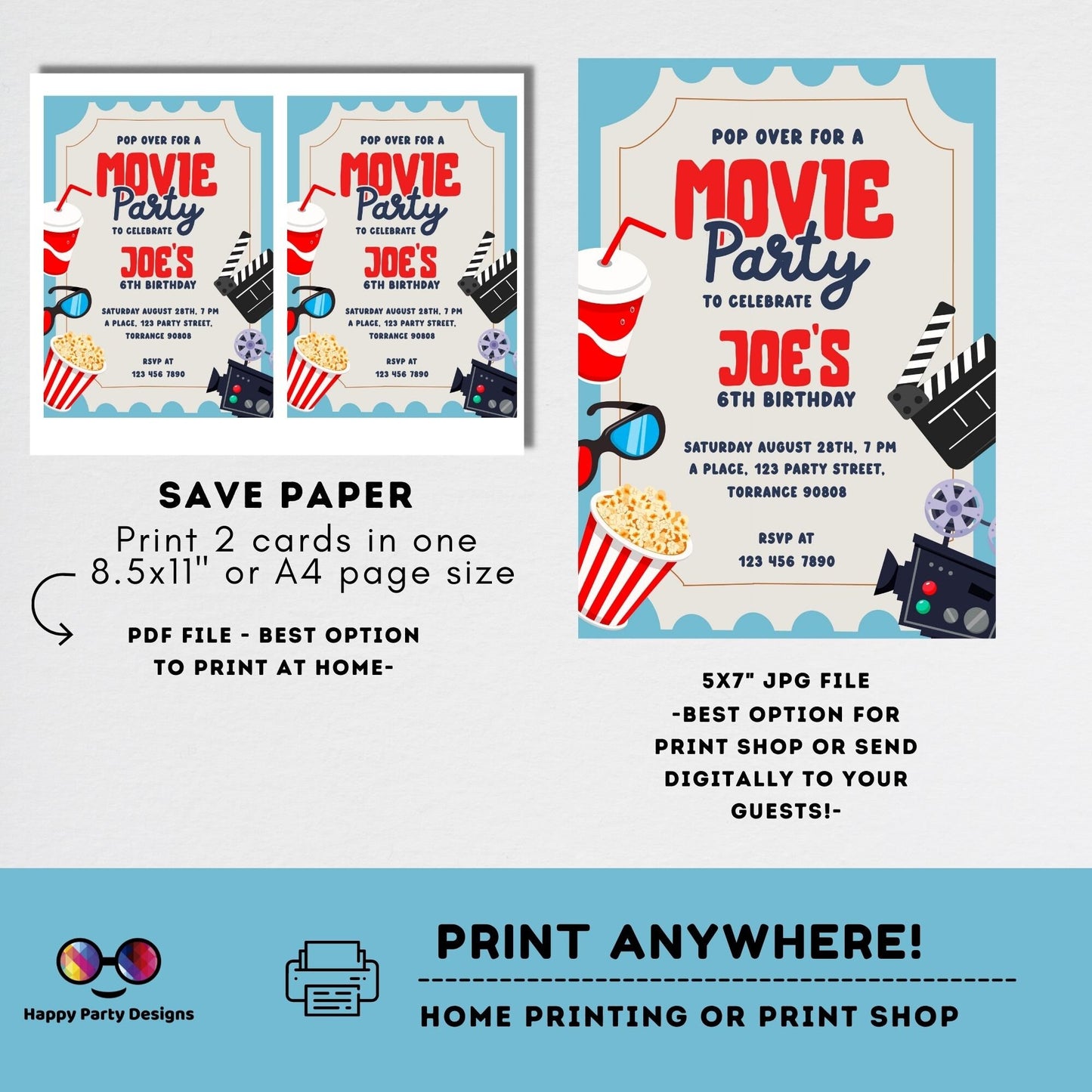 Editable Movie party invitation | Movie party printable invite | Birthday boy | movie night birthday invitation instant download | #K190