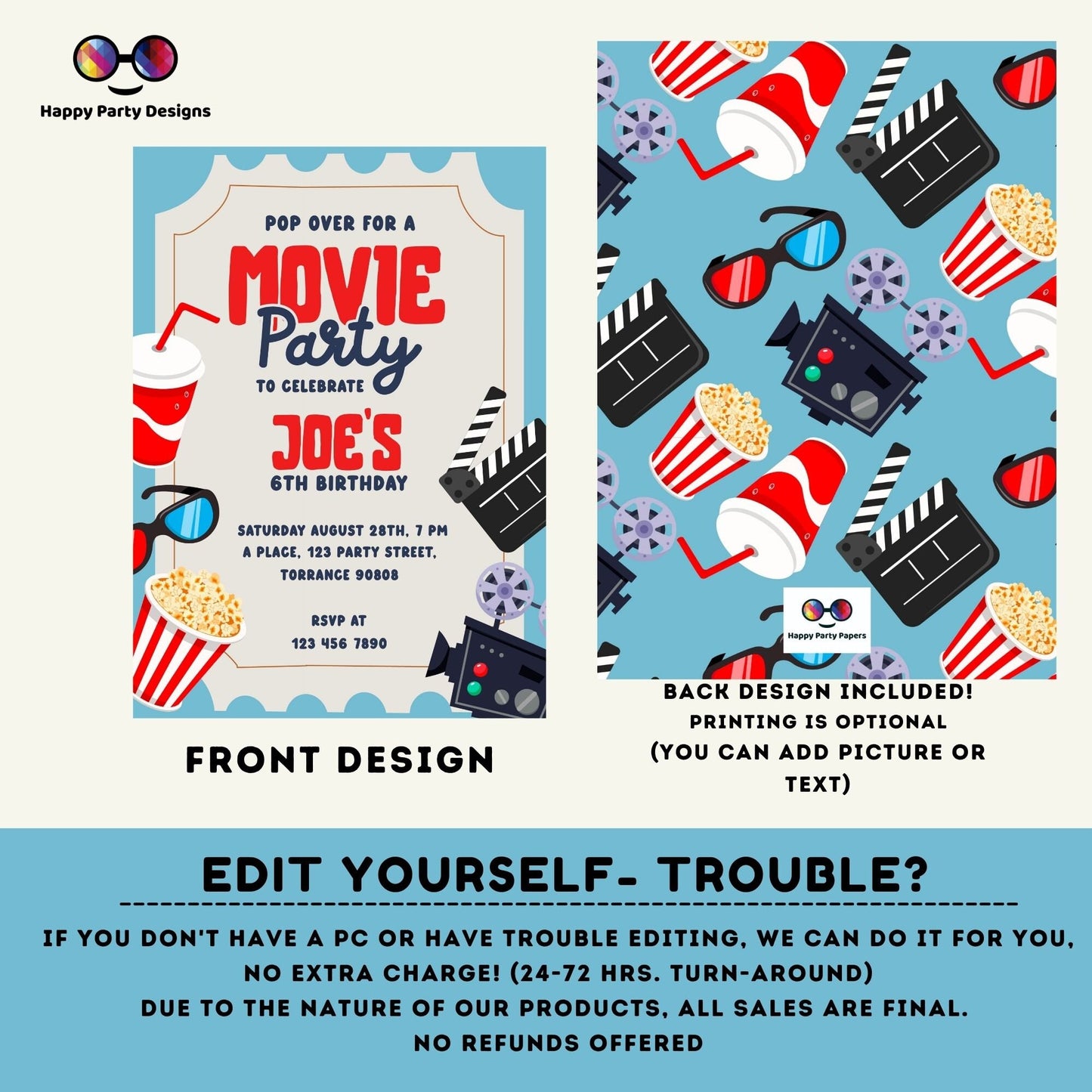 Editable Movie party invitation | Movie party printable invite | Birthday boy | movie night birthday invitation instant download | #K190