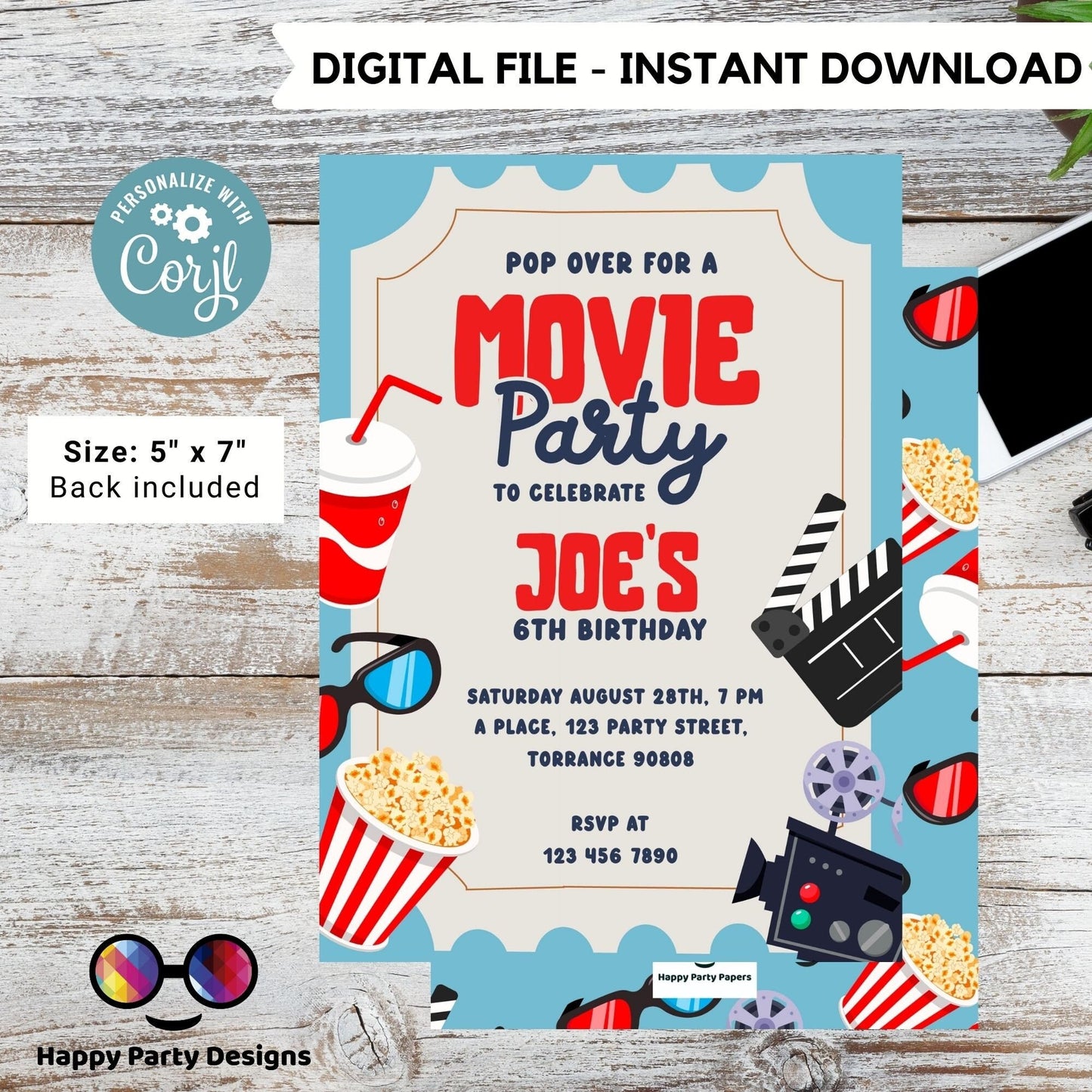 Editable Movie party invitation | Movie party printable invite | Birthday boy | movie night birthday invitation instant download | #K190
