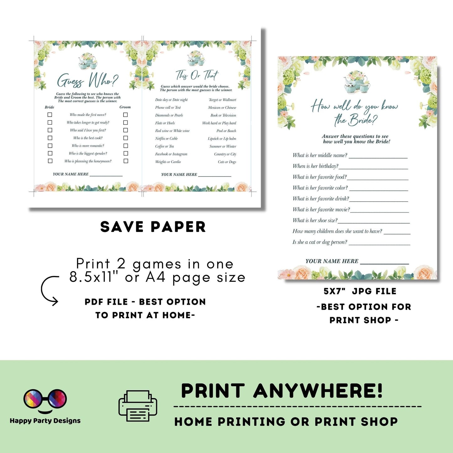 Instant Download Bridal Shower Games Bundle Tea Party | Printable Bridal Tea Shower Invite | Bridal Brunch | Bridal shower party games #W1