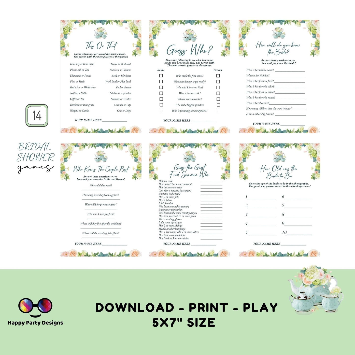 Editable Download Bridal Shower Games Bundle Tea Party | Printable Bridal Tea Shower Invite | Bridal Brunch | Bridal shower party games #W1