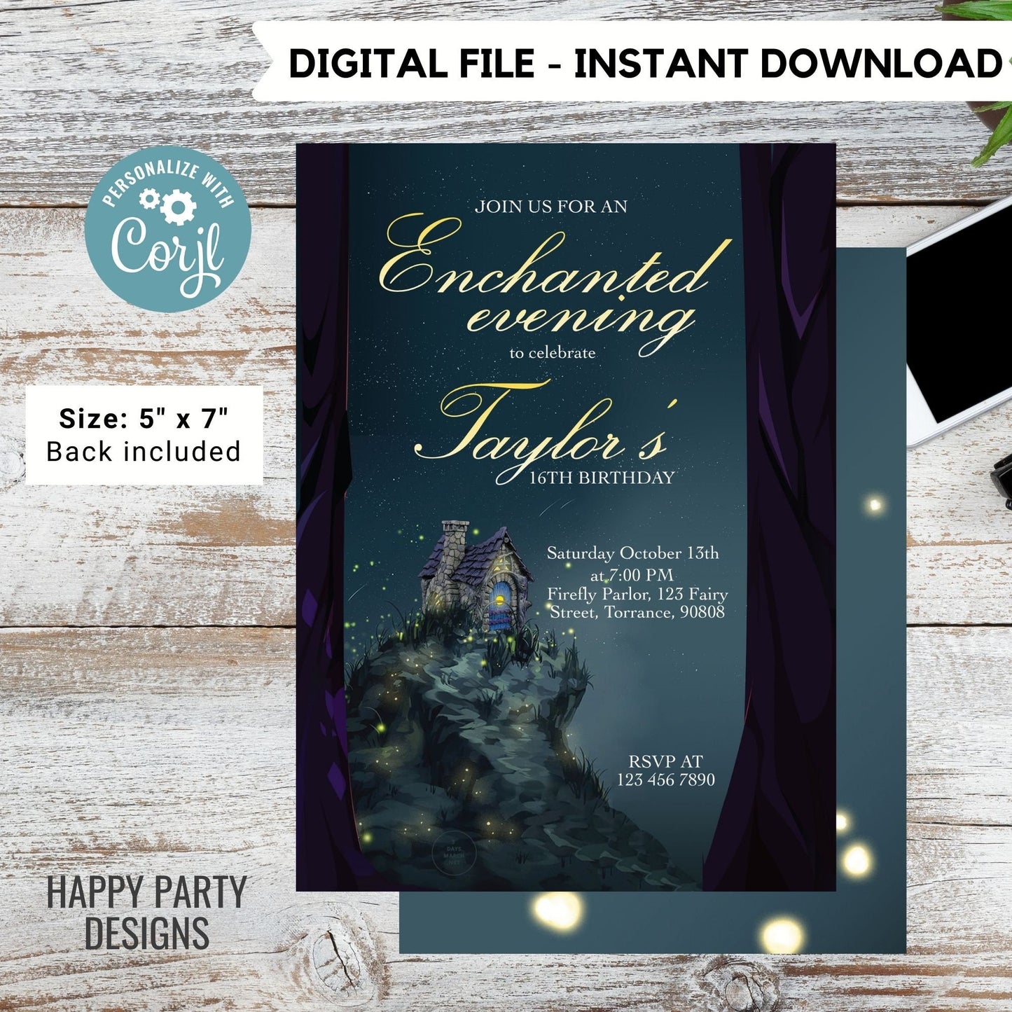 Enchanted Party Invitations | Gold Glitter invitations | Magical Birthday | Enchanted Forest | girl birthday | sweet sixteen | any age #K153