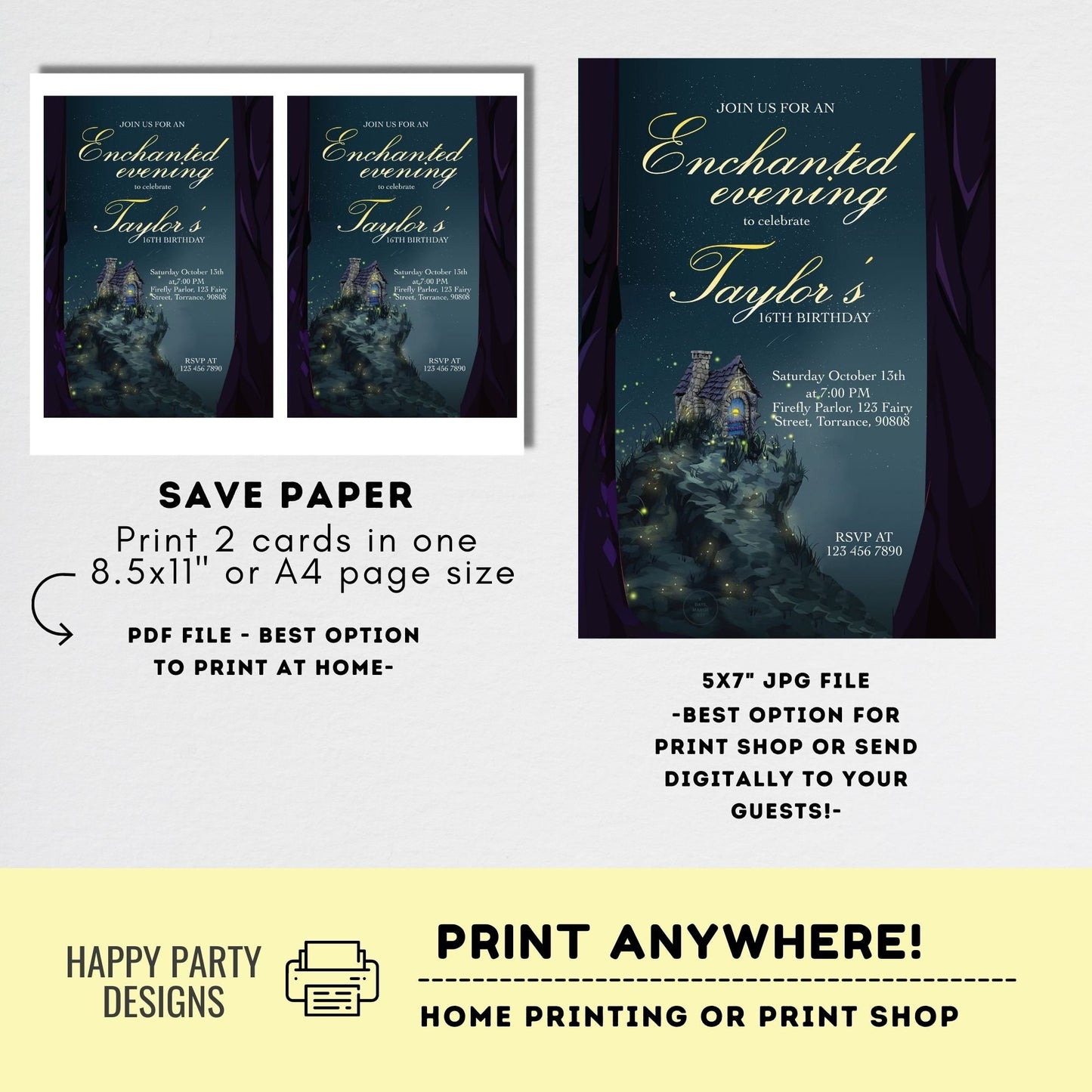 Enchanted Party Invitations | Gold Glitter invitations | Magical Birthday | Enchanted Forest | girl birthday | sweet sixteen | any age #K153