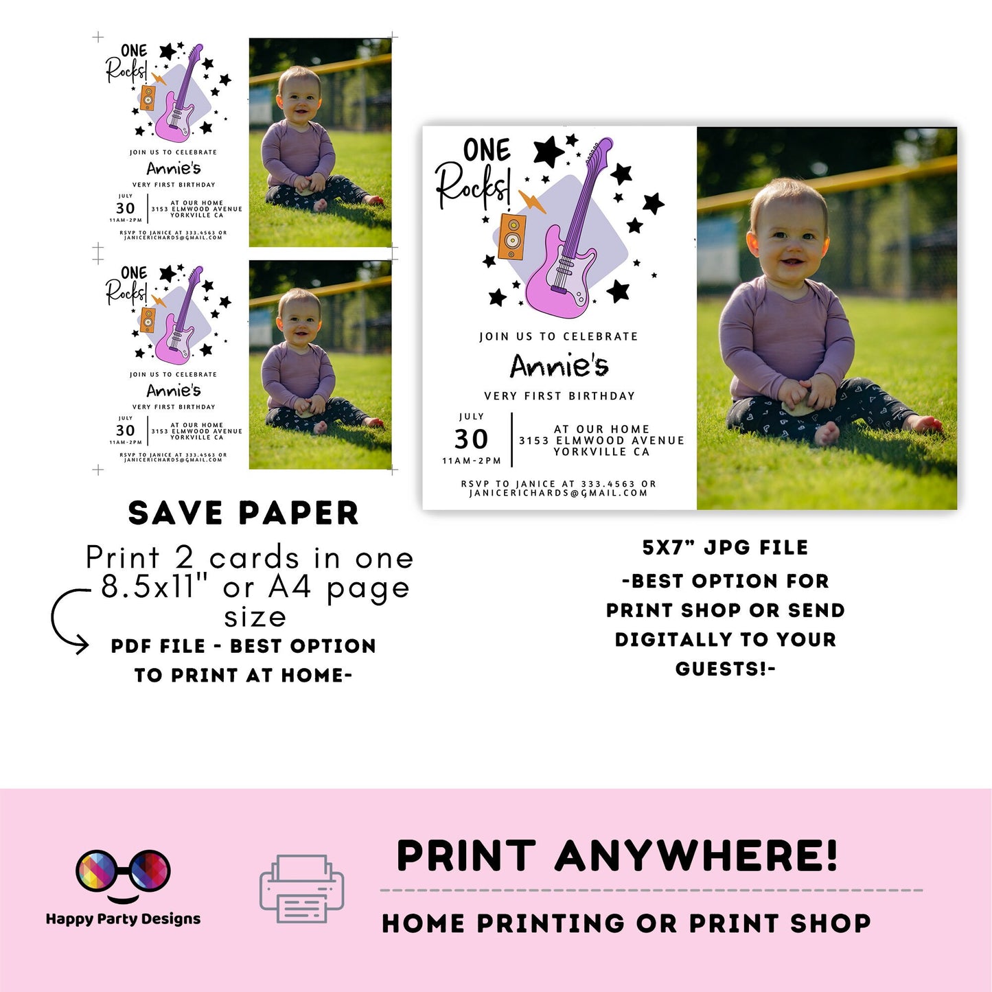 One Rocks Baby 1st Birthday Invitation with picture | First Birthday Invite | purple Rock One Year Birthday Invitation | girl birthday #K155