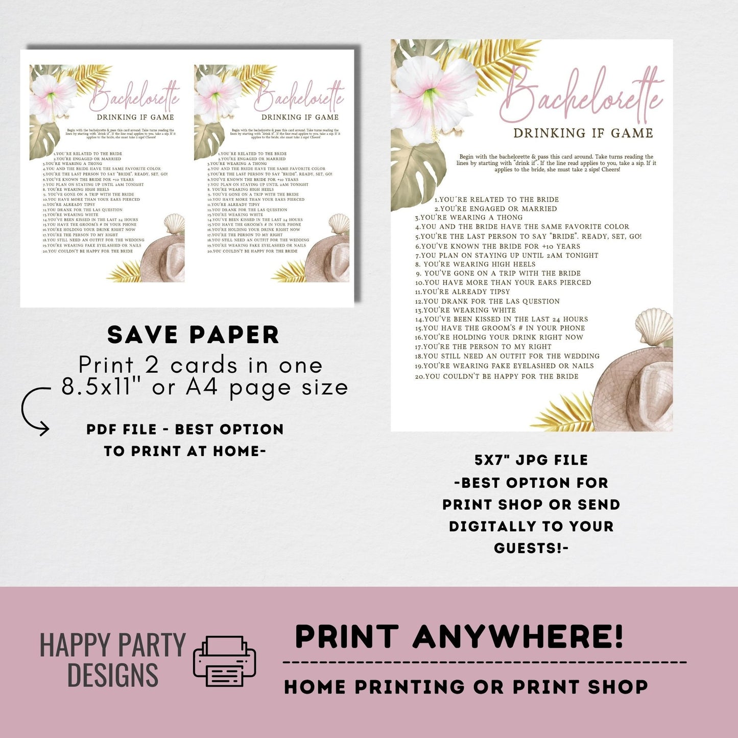 Editable Aloha bach party game | Bachelorette Drink If Game Template | Let’s Have a Drink or Two Bachelorette game #W11