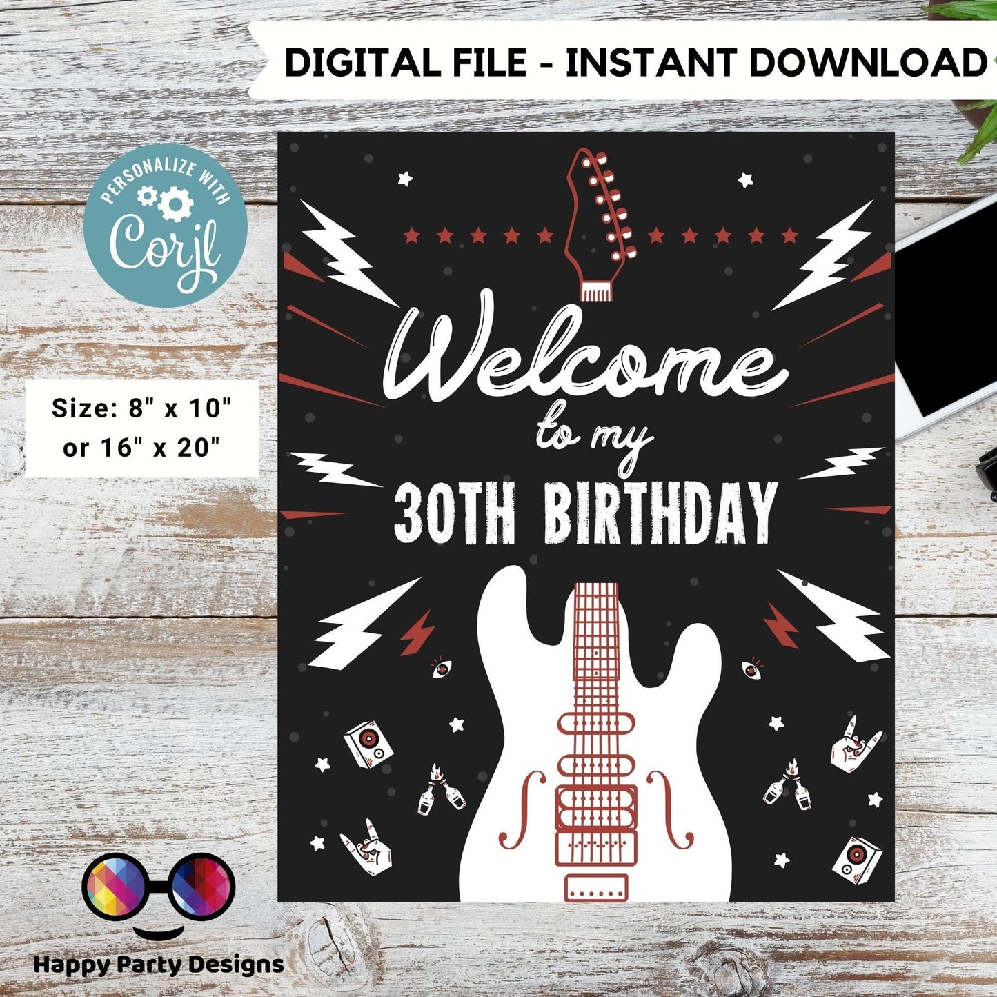 Rock n roll Birthday Welcome Sign | Lets Rock Birthday Party Welcome Sign | Rock and Roll Party Welcome Sign | printable Welcome Sign #A12