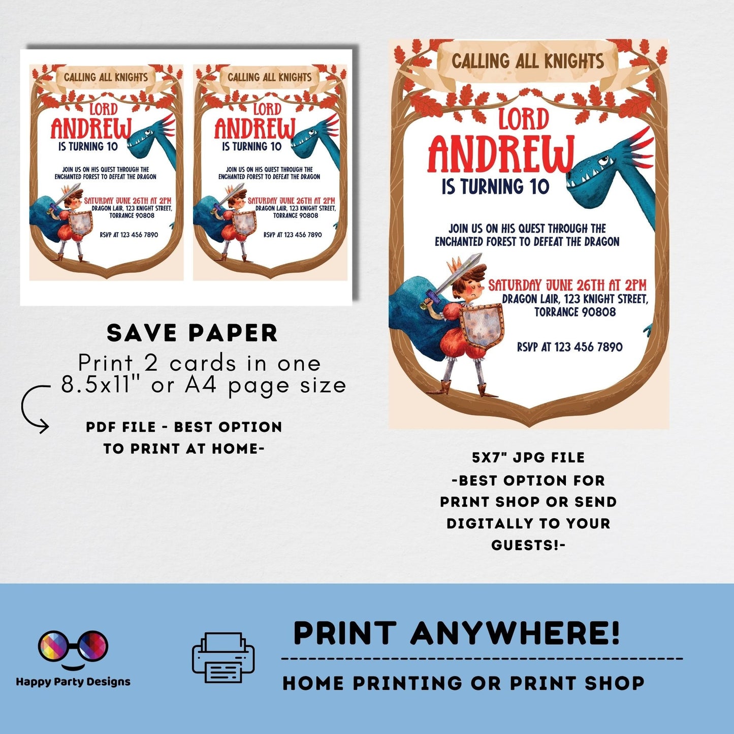 Enchanted Party Invitations | Editable Dragon Birthday Party | Magical Birthday | Invitation Dragons And Knights Birthday | any age #K145