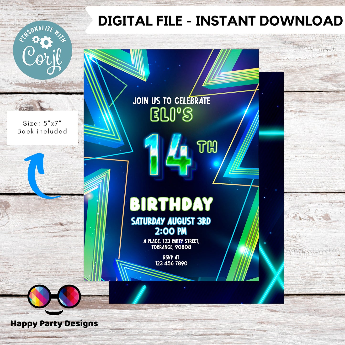 EDITABLE Boy 14th birthday invitation | Neon Glow in the dark Party | Birthday Boy | 14th Neon Green Blue Birthday | glow party #K185