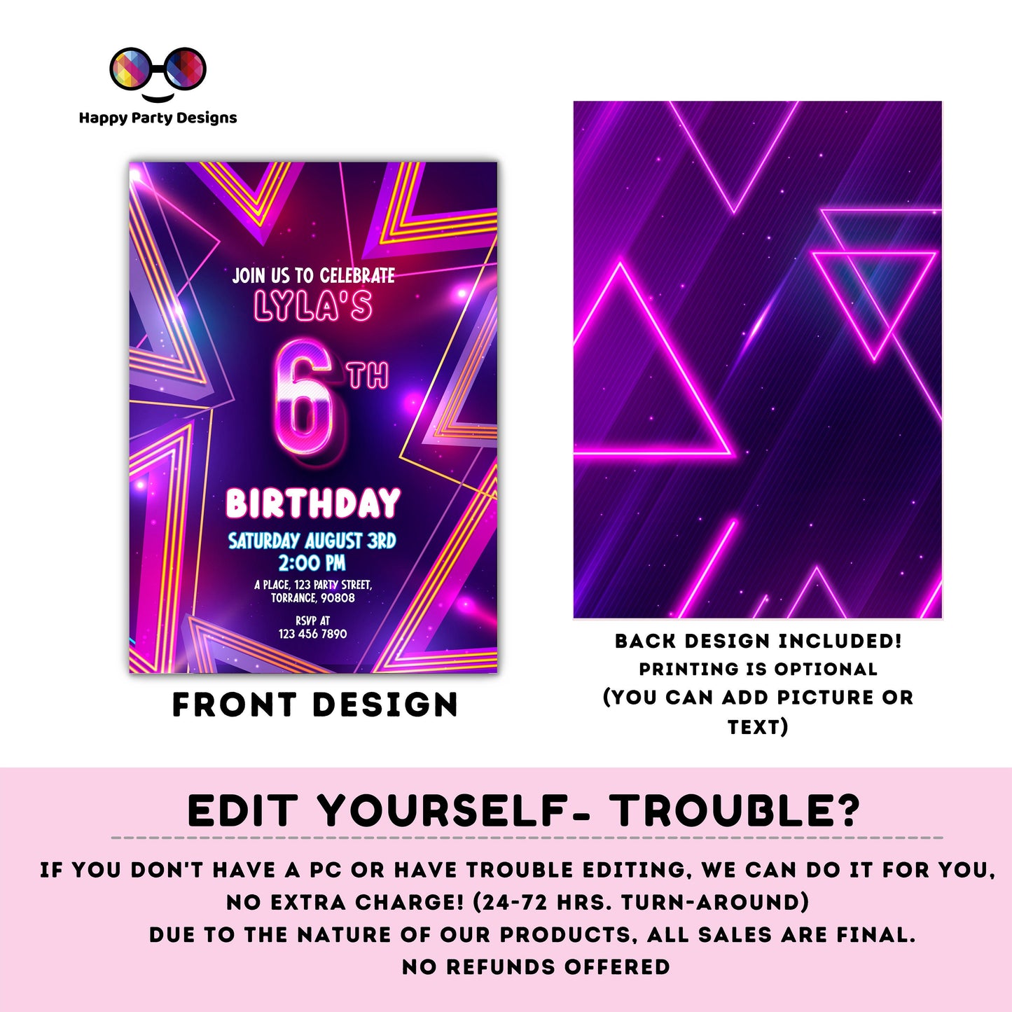 EDITABLE girl 6th birthday invitation | Neon Glow in the dark Party | Birthday girl | 6th pink and purple Birthday | glow party #K186