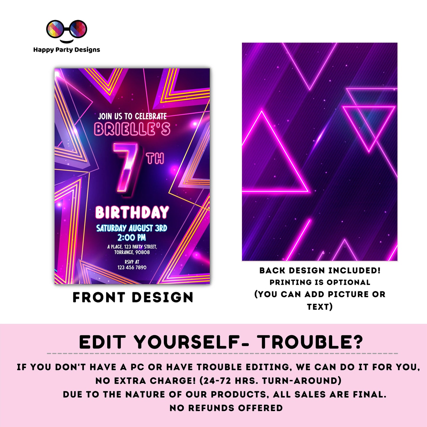 EDITABLE girl 7th birthday invitation | Neon Glow in the dark Party | Birthday girl | 7th pink and purple Birthday | glow party #K186