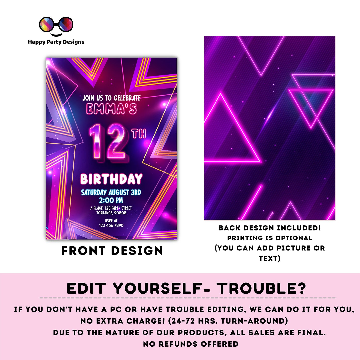 EDITABLE girl 12th birthday invitation | Neon Glow in the dark Party | Birthday girl | 12th pink and purple Birthday | glow party #K186
