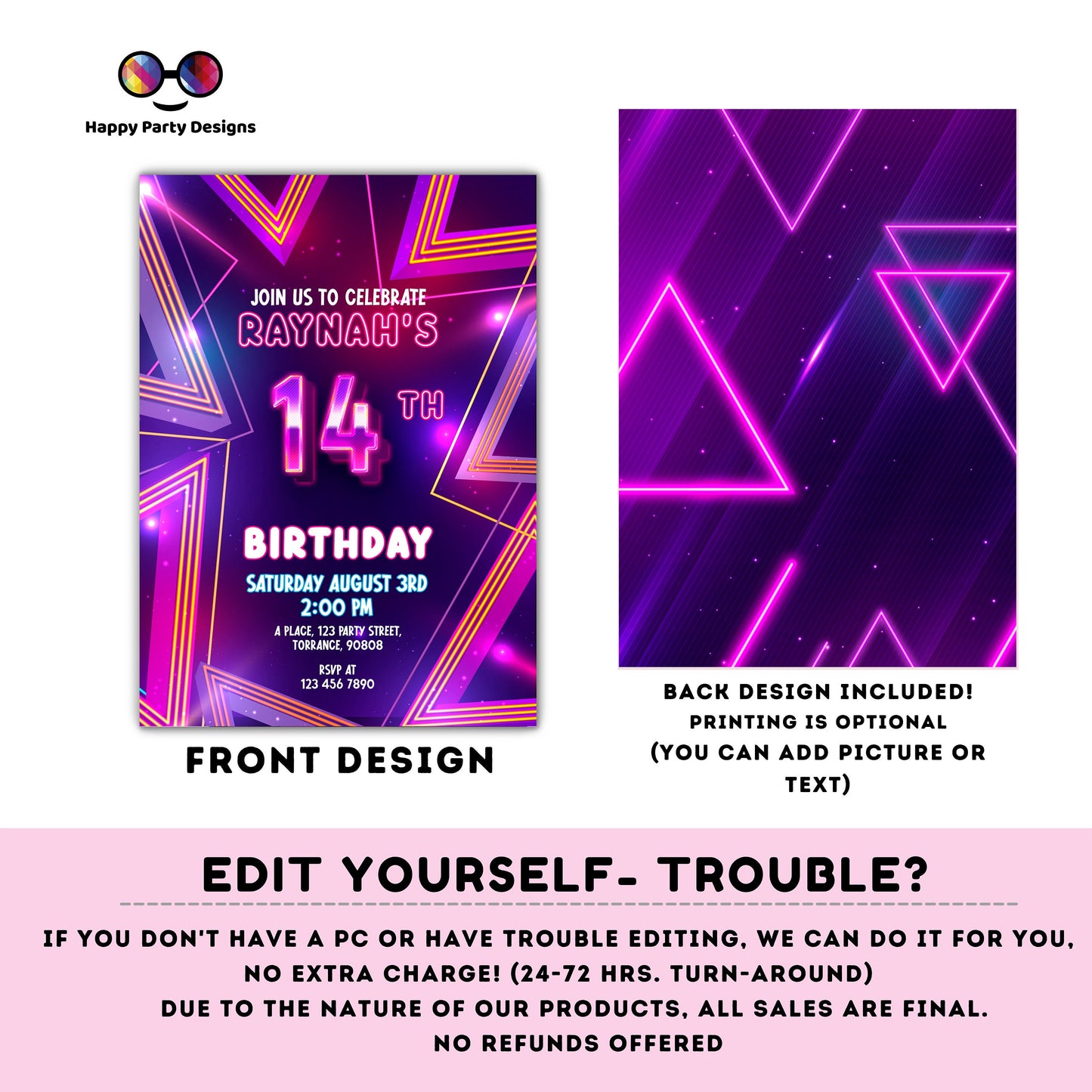 EDITABLE girl 14th birthday invitation | Neon Glow in the dark Party | Birthday girl | 14th pink and purple Birthday | glow party #K186