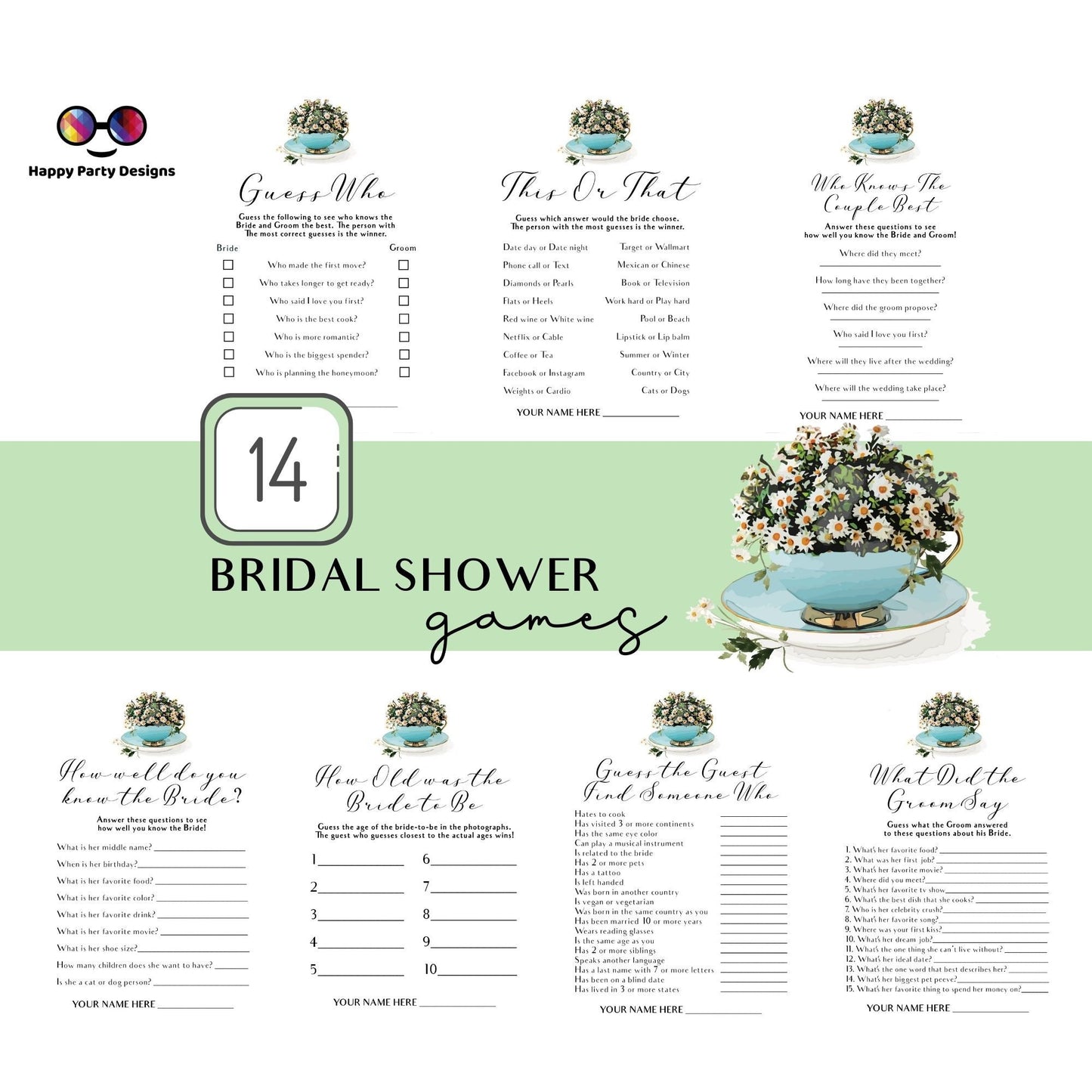 Instant download Bridal Shower Games Bundle Tea Party | Printable Bridal Tea Shower games | Bridal Brunch | Bridal shower party games #W2