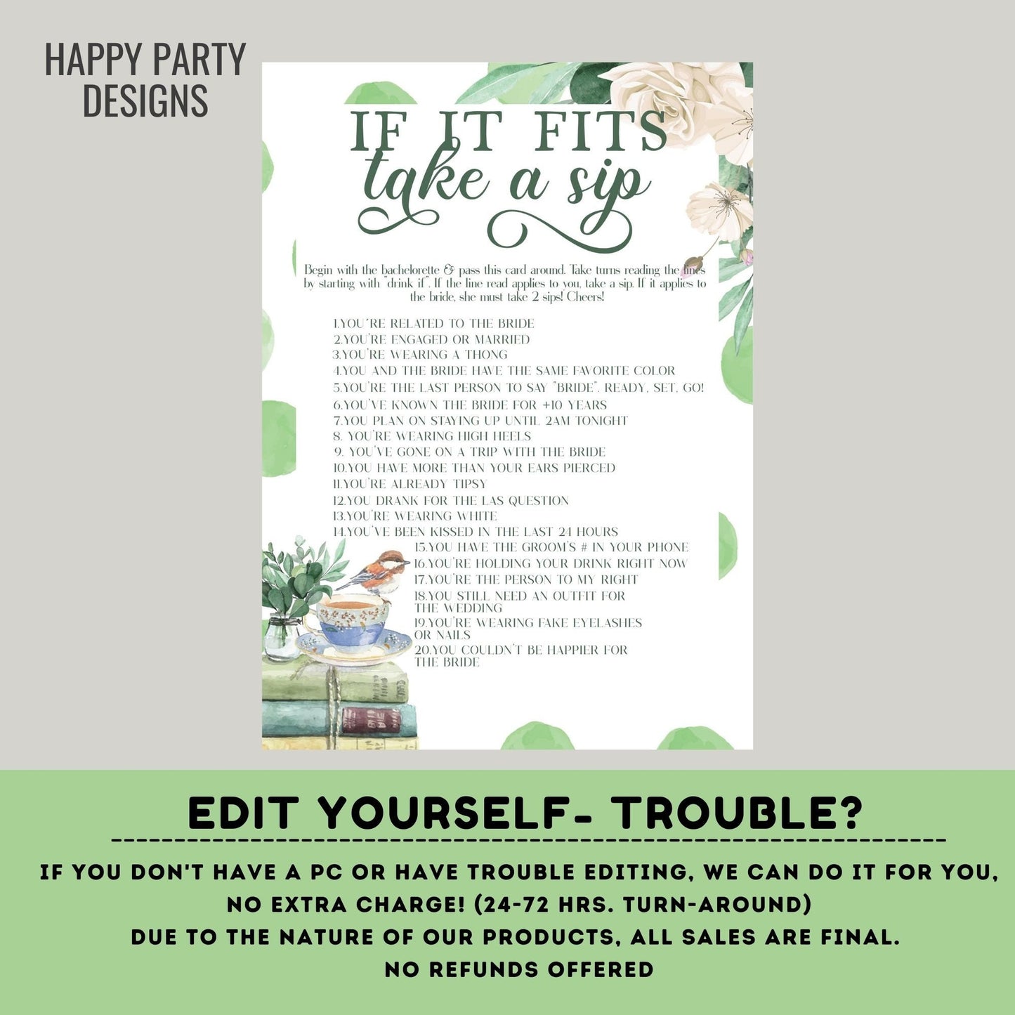 Editable If it fits take a sip game | let's spill the tea | book shower game | bridal shower| latte shower | bridal shower game #W6