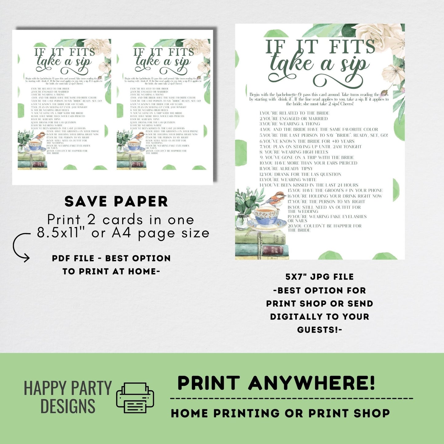 Editable If it fits take a sip game | let's spill the tea | book shower game | bridal shower| latte shower | bridal shower game #W6