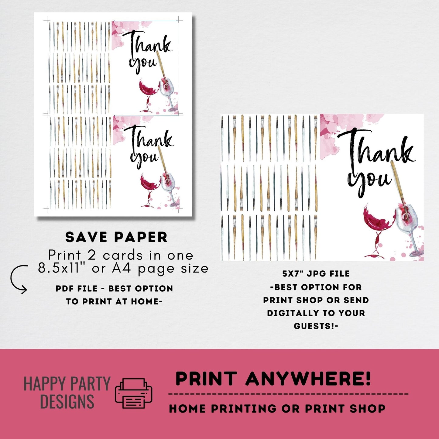 paint and sip Thank You Card Download | Bridal Shower | Baby Shower | Folded Notes Blank Inside | Printable wine Thank You Note #W7