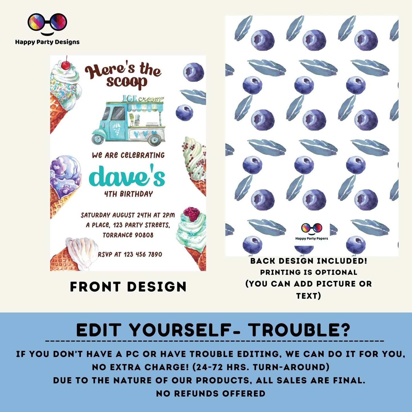 Here's the scoop Editable ice cream Birthday Invitation | boy Invitation | Ice cream Birthday invitations | Sweet Birthday Invitation #K156