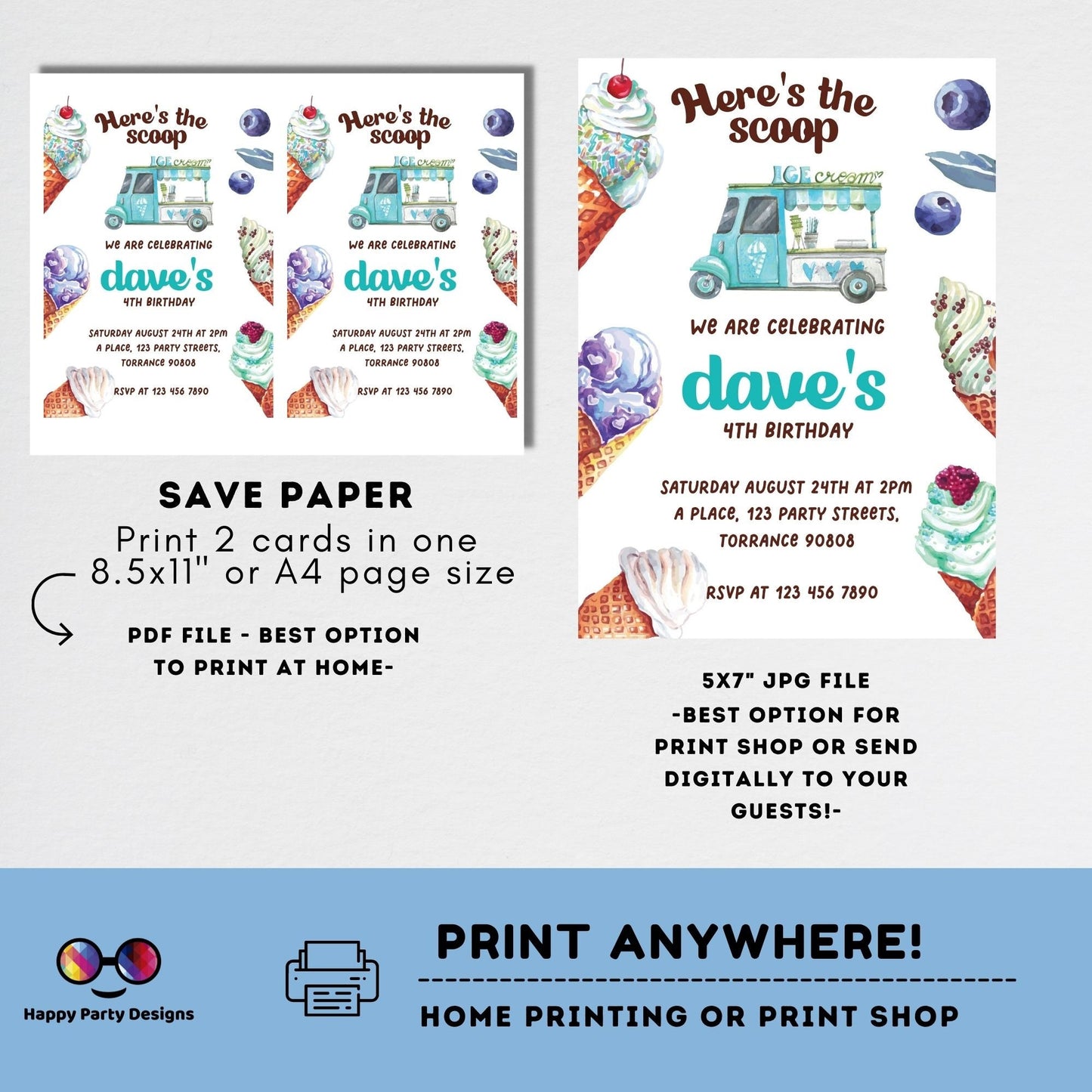 Here's the scoop Editable ice cream Birthday Invitation | boy Invitation | Ice cream Birthday invitations | Sweet Birthday Invitation #K156