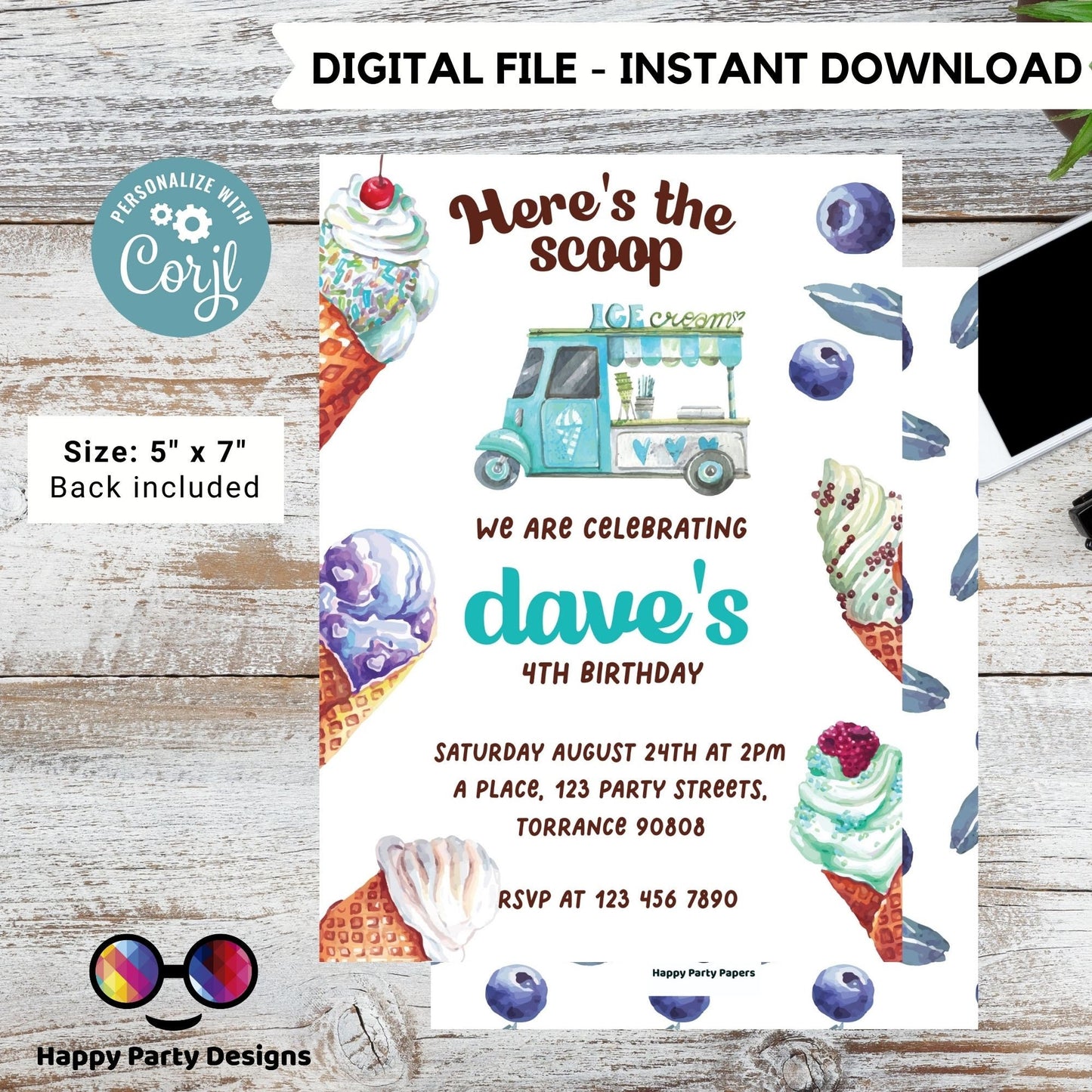 Here's the scoop Editable ice cream Birthday Invitation | boy Invitation | Ice cream Birthday invitations | Sweet Birthday Invitation #K156