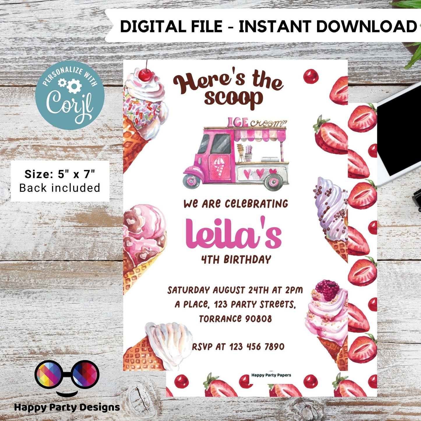 Here's the scoop Editable ice cream Birthday Invitation | girl Invitation | Ice cream Birthday invitations | Sweet Birthday Invitation #K156